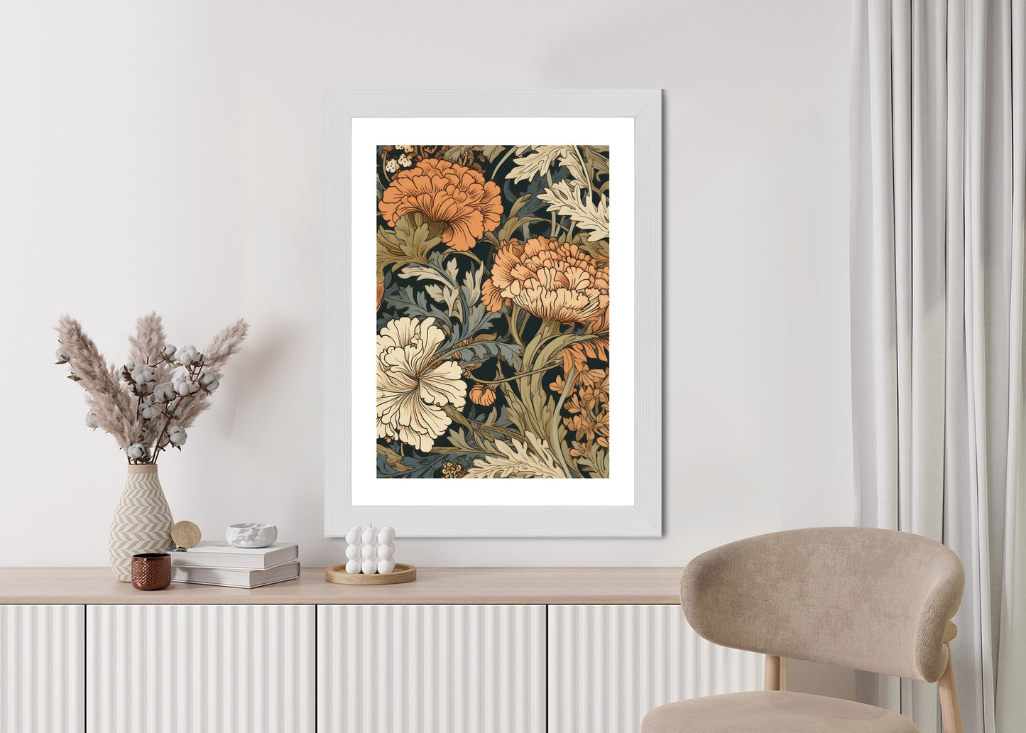 Poster Retro-Vintage-Blumen Und Blätter Rahmen Holz Mit Passepartout Farbe Natürlich