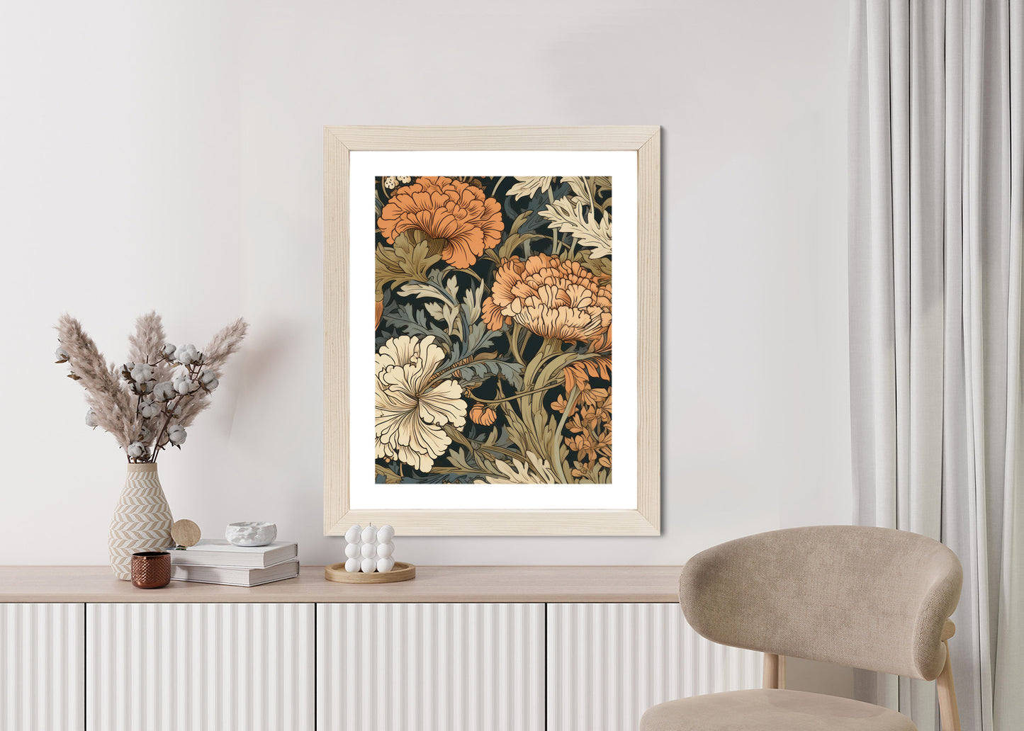 Poster Retro-Vintage-Blumen Und Blätter Rahmen Holz Mit Passepartout Farbe Natürlich