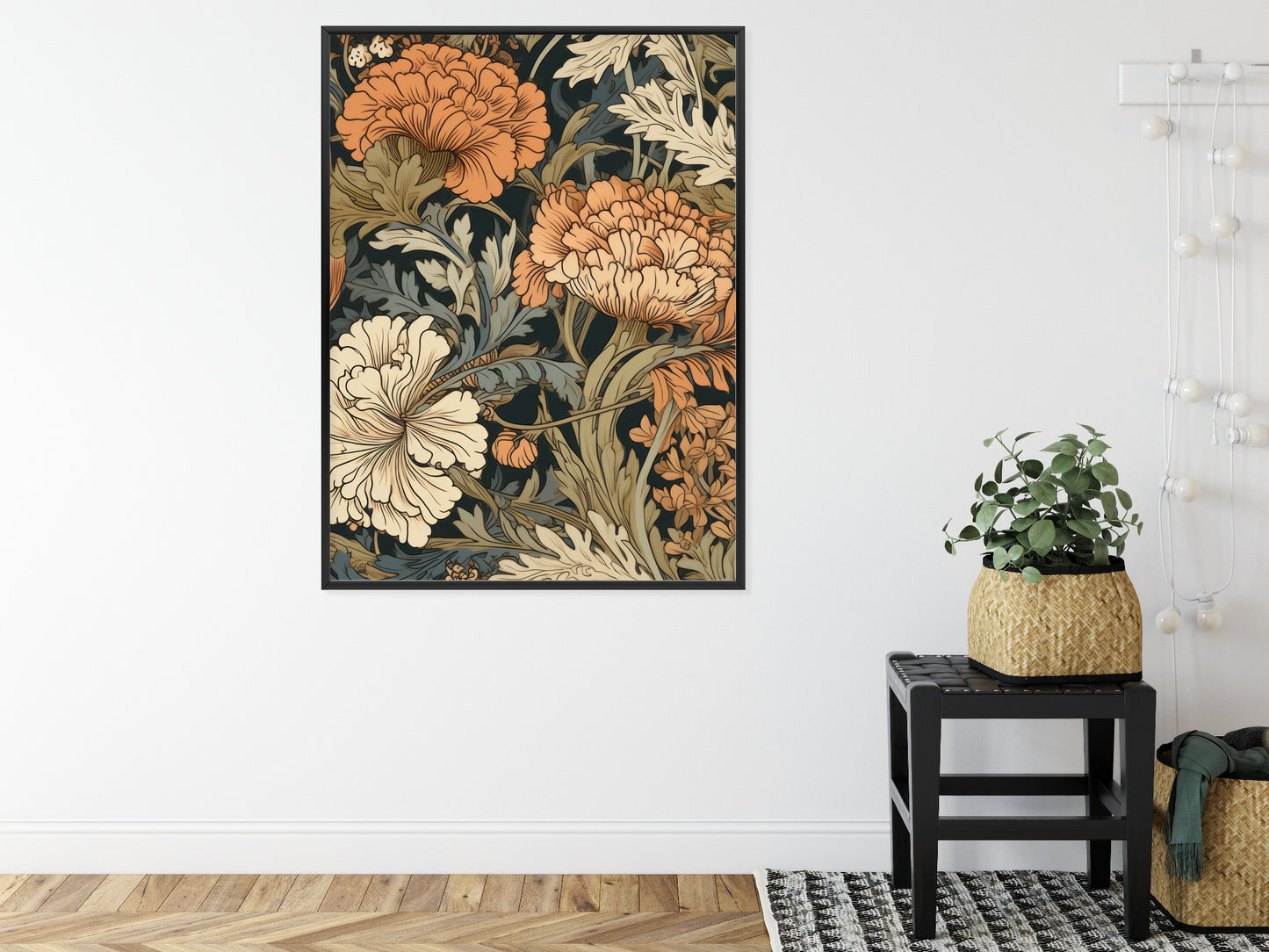 Poster Retro-Vintage-Blumen Und Blätter Rahmen Holz Mit Passepartout Farbe Natürlich