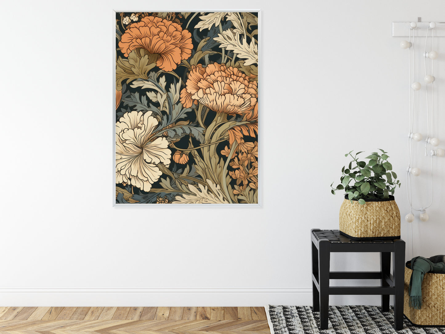 Poster Retro-Vintage-Blumen Und Blätter Rahmen Holz Mit Passepartout Farbe Natürlich