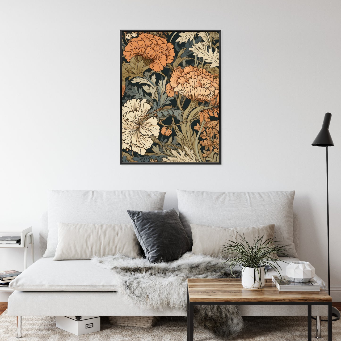Poster Retro-Vintage-Blumen Und Blätter Rahmen Holz Mit Passepartout Farbe Natürlich