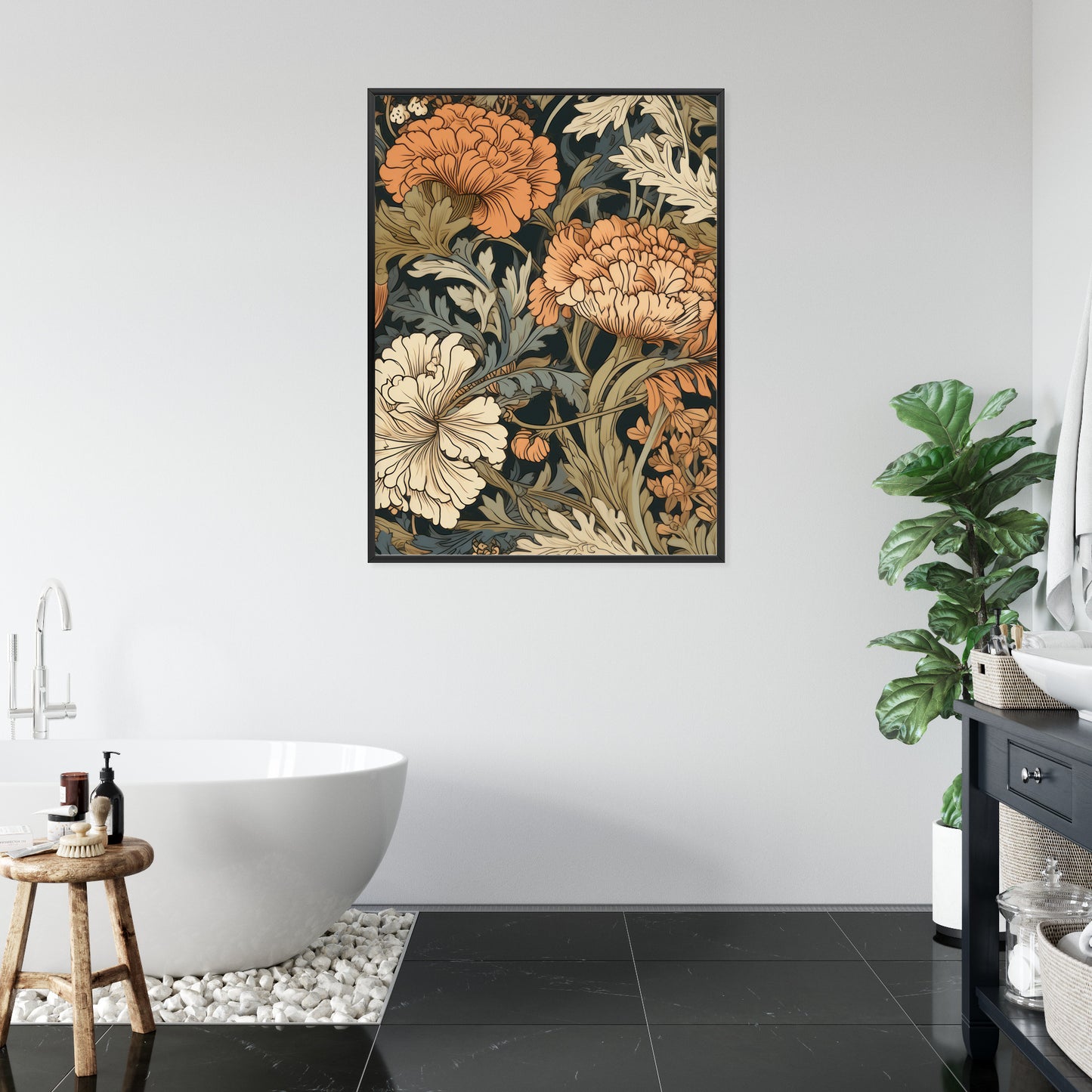 Poster Retro-Vintage-Blumen Und Blätter Rahmen Holz Mit Passepartout Farbe Natürlich