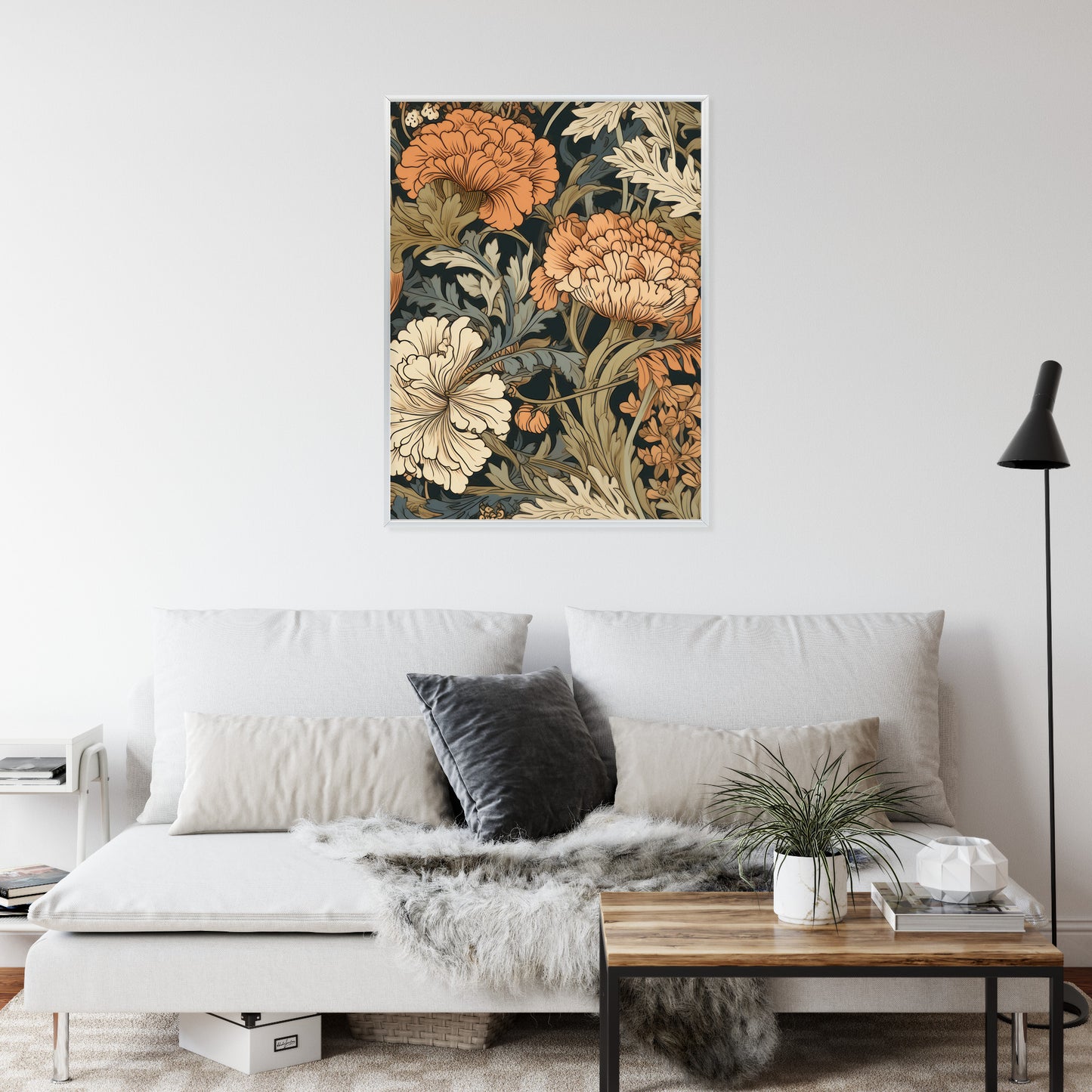 Poster Retro-Vintage-Blumen Und Blätter Rahmen Holz Mit Passepartout Farbe Natürlich