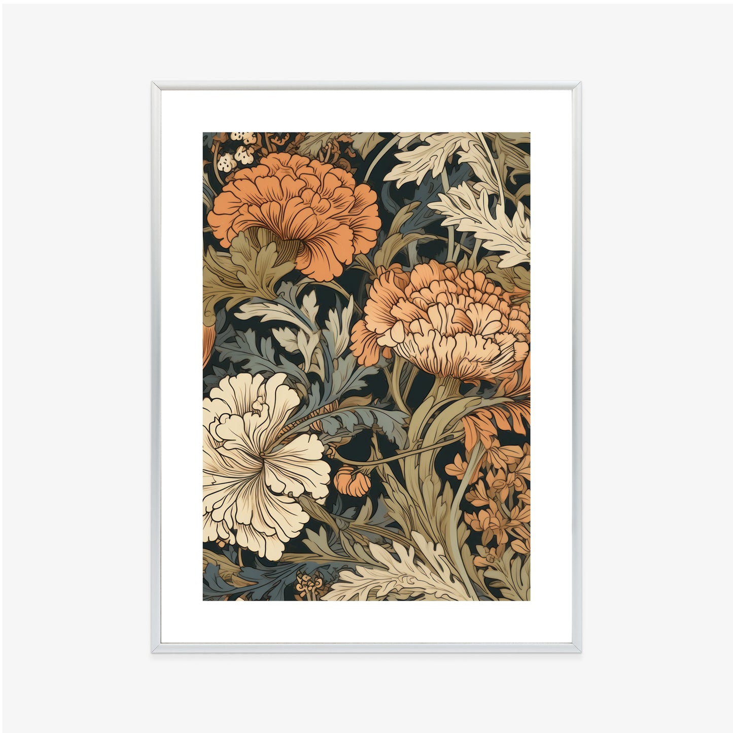 Poster Retro-Vintage-Blumen Und Blätter Rahmen Holz Mit Passepartout Farbe Natürlich