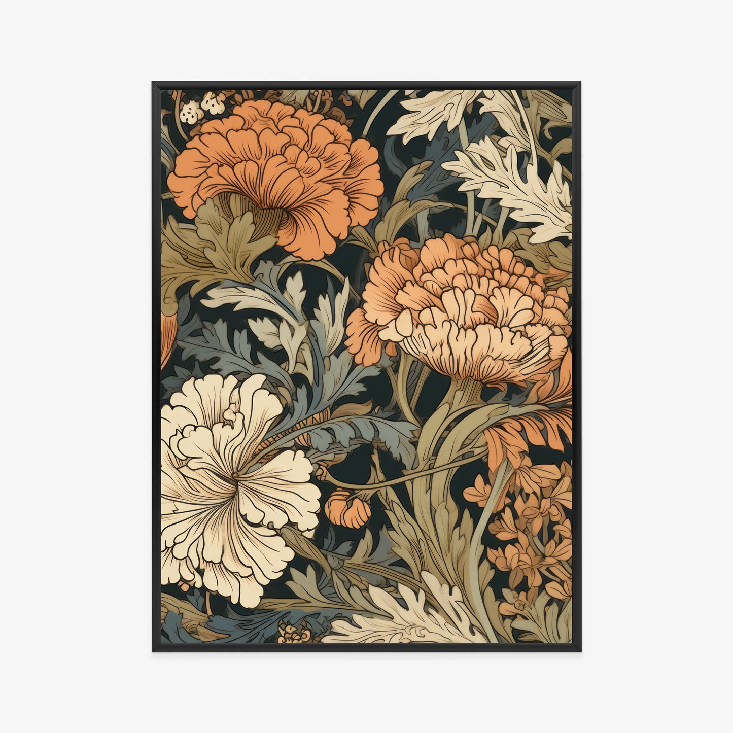 Poster Retro-Vintage-Blumen Und Blätter Rahmen Holz Mit Passepartout Farbe Natürlich