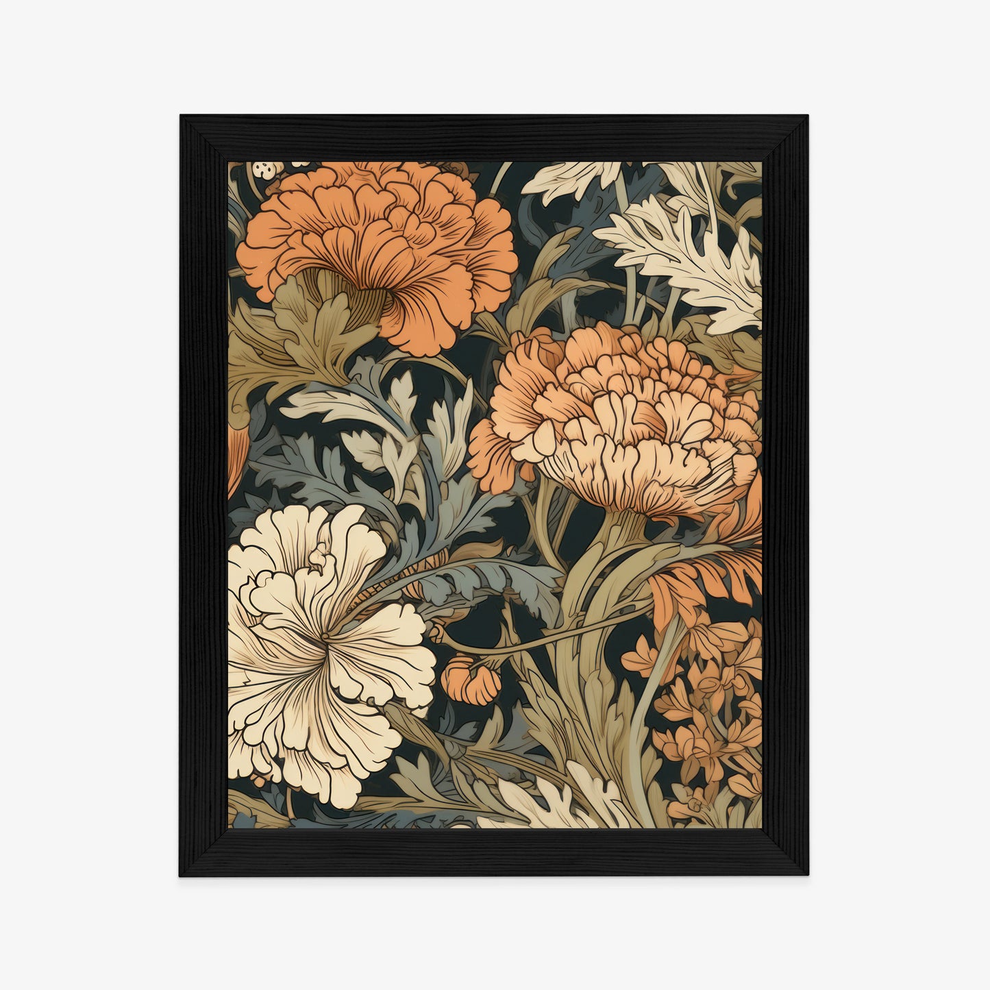 Poster Retro-Vintage-Blumen Und Blätter Rahmen Holz Mit Passepartout Farbe Natürlich