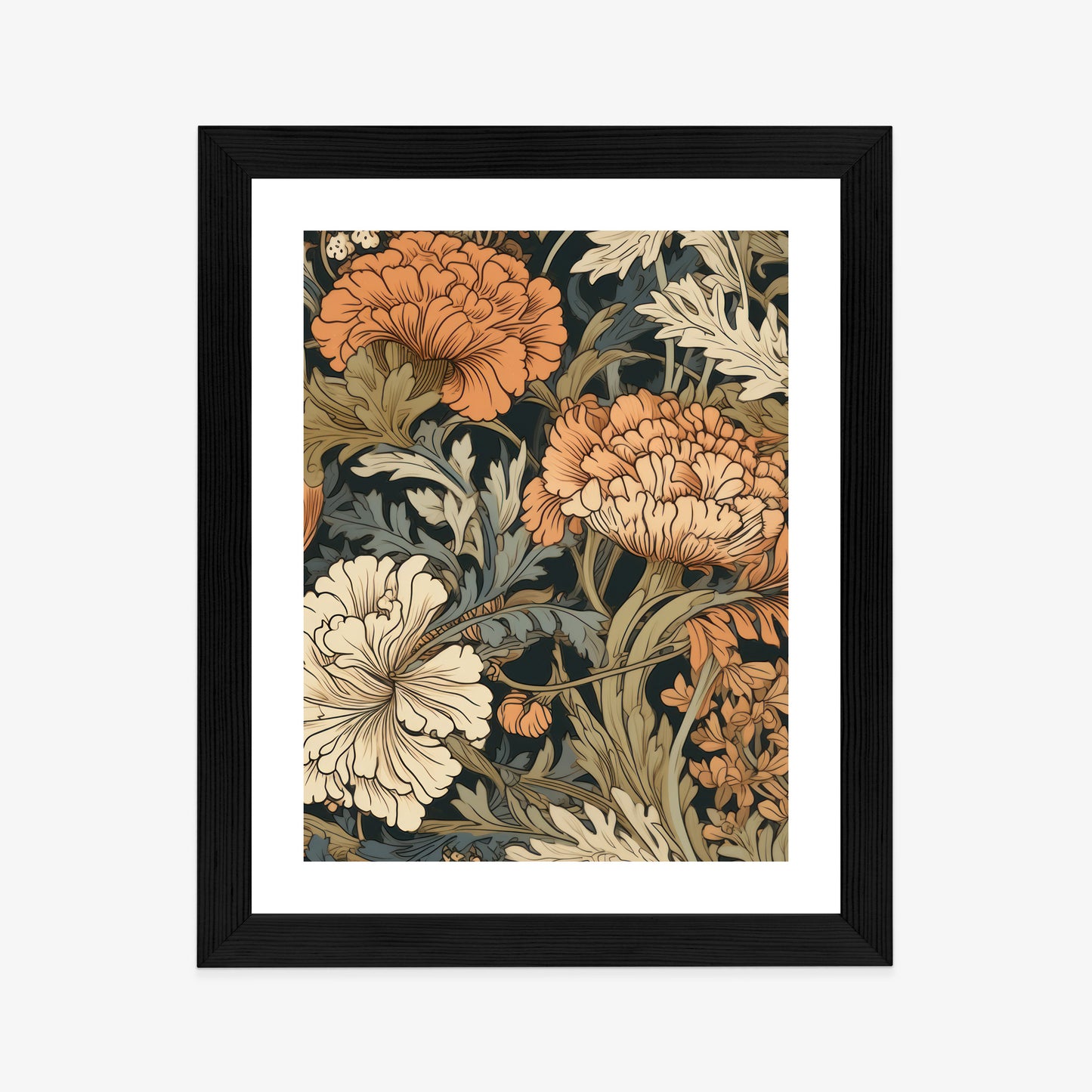 Poster Retro-Vintage-Blumen Und Blätter Rahmen Holz Mit Passepartout Farbe Natürlich