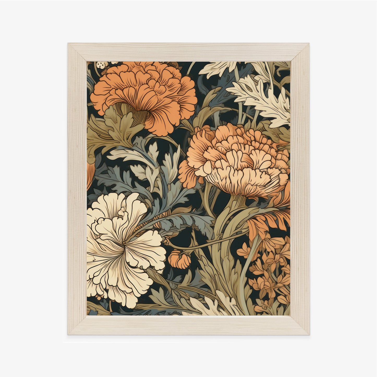 Poster Retro-Vintage-Blumen Und Blätter Rahmen Holz Mit Passepartout Farbe Natürlich