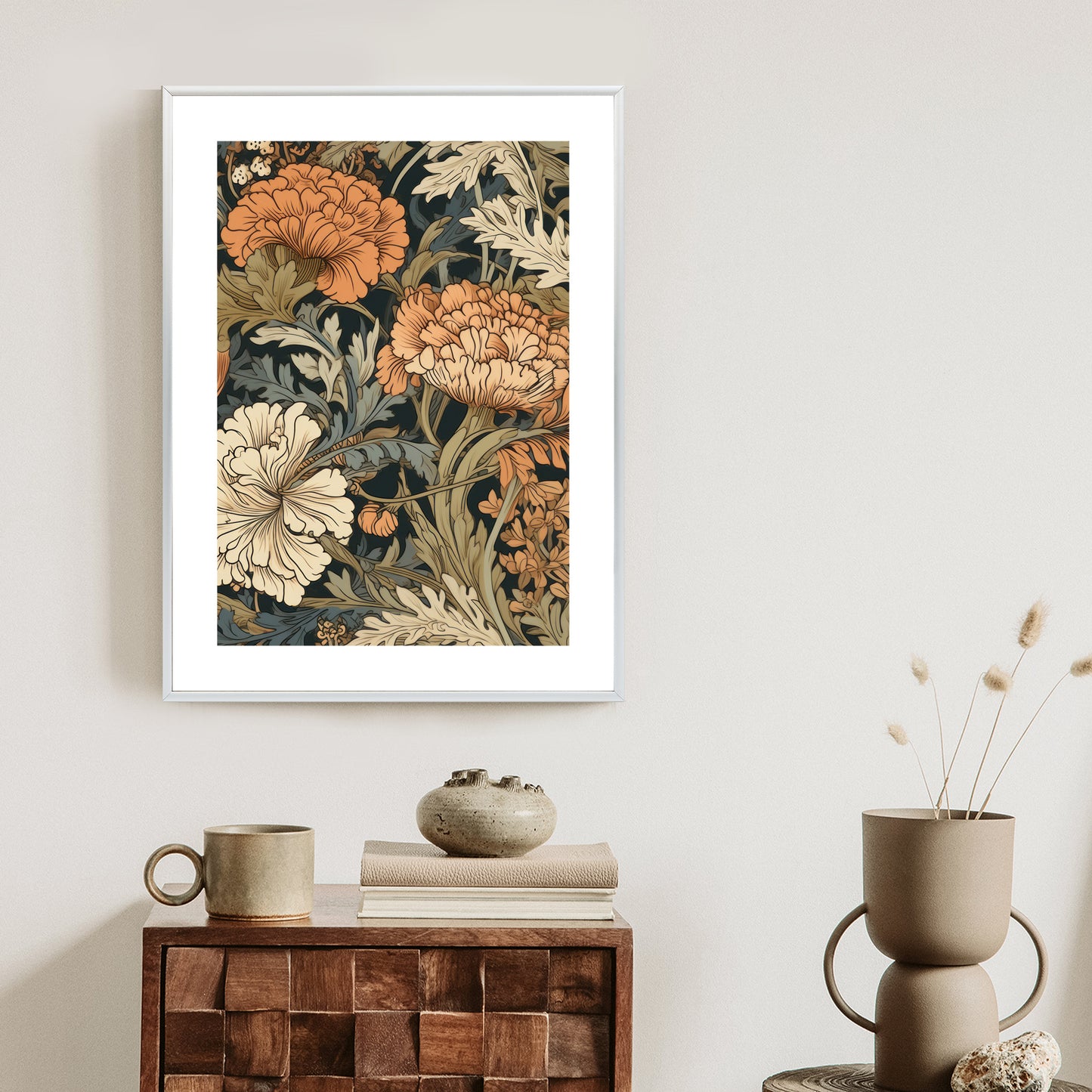 Poster Retro-Vintage-Blumen Und Blätter Rahmen Holz Mit Passepartout Farbe Natürlich