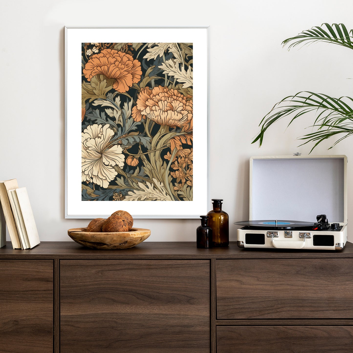 Poster Retro-Vintage-Blumen Und Blätter Rahmen Holz Mit Passepartout Farbe Natürlich