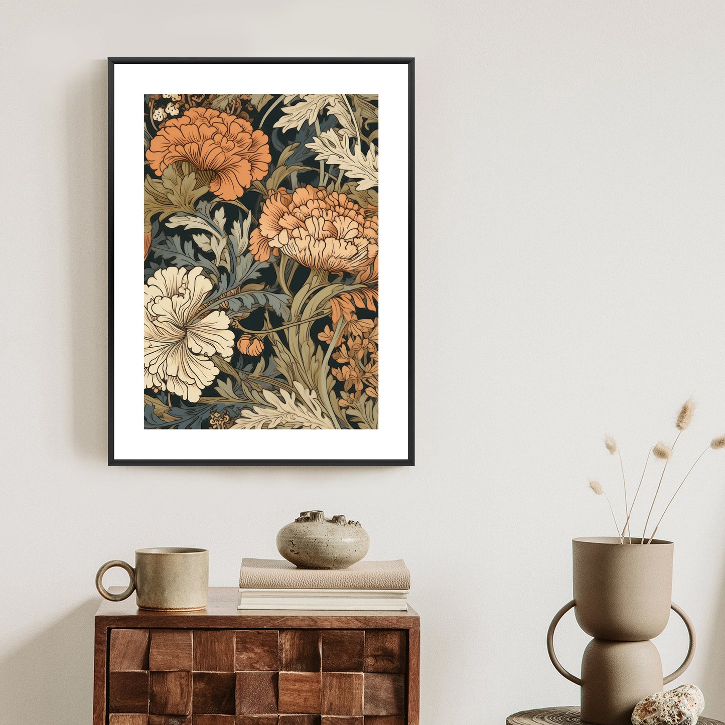 Poster Retro-Vintage-Blumen Und Blätter Rahmen Holz Mit Passepartout Farbe Natürlich
