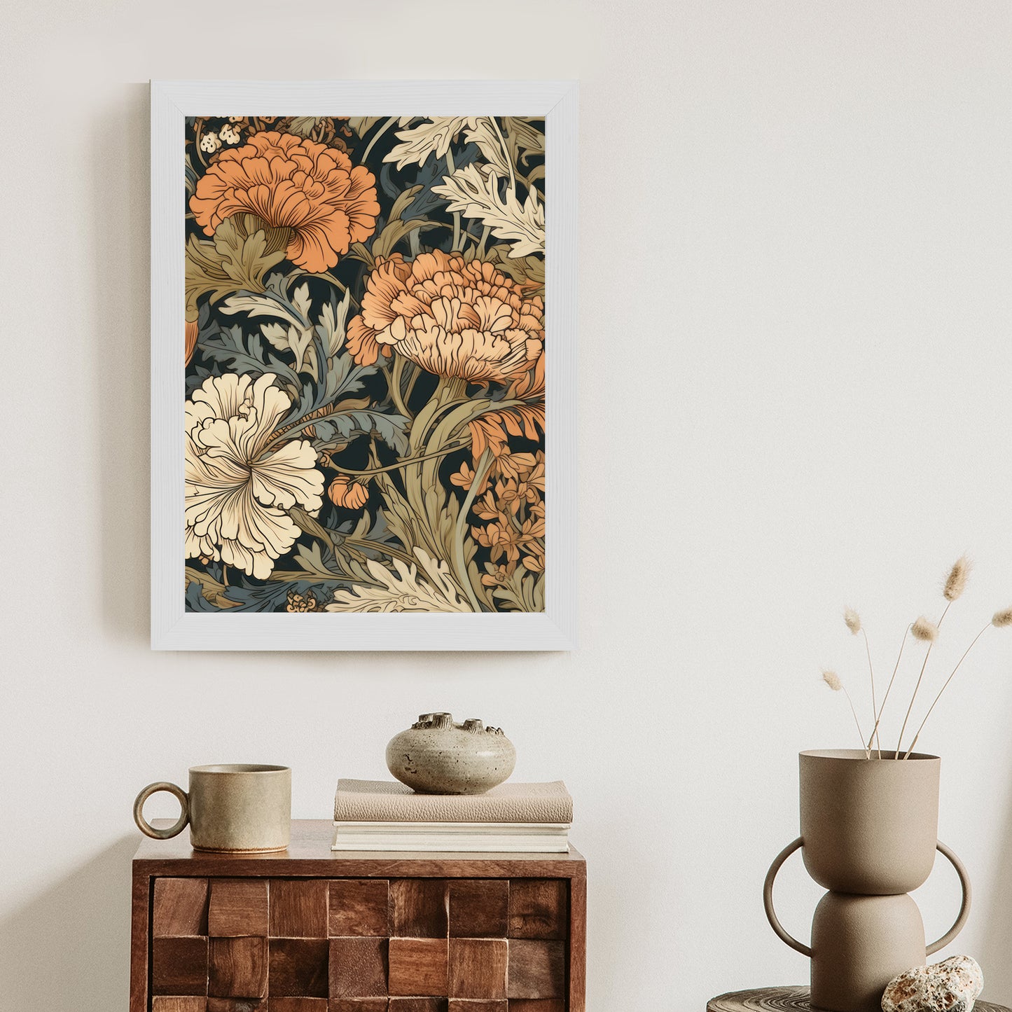 Poster Retro-Vintage-Blumen Und Blätter Rahmen Holz Mit Passepartout Farbe Natürlich