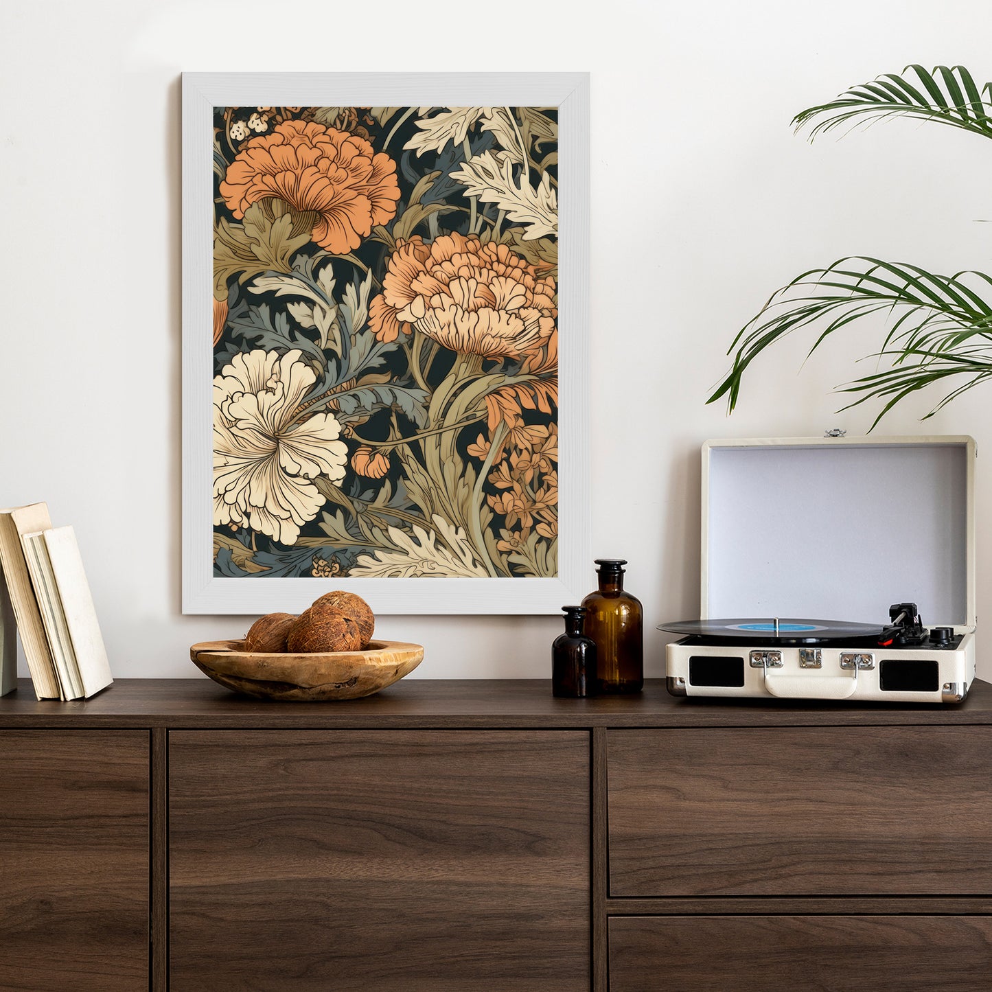 Poster Retro-Vintage-Blumen Und Blätter Rahmen Holz Mit Passepartout Farbe Natürlich
