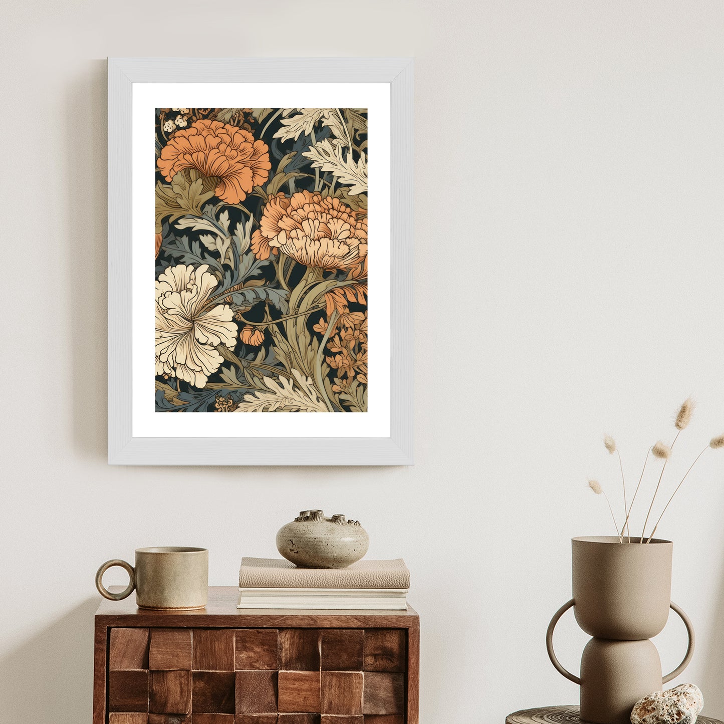 Poster Retro-Vintage-Blumen Und Blätter Rahmen Holz Mit Passepartout Farbe Natürlich