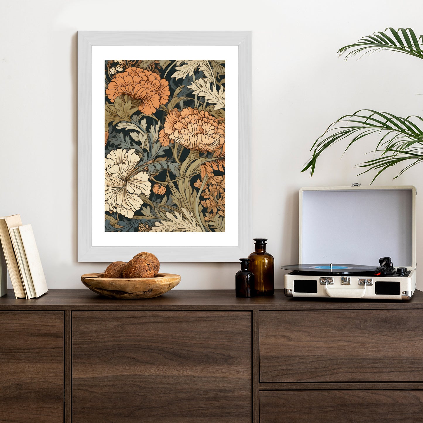 Poster Retro-Vintage-Blumen Und Blätter Rahmen Holz Mit Passepartout Farbe Natürlich