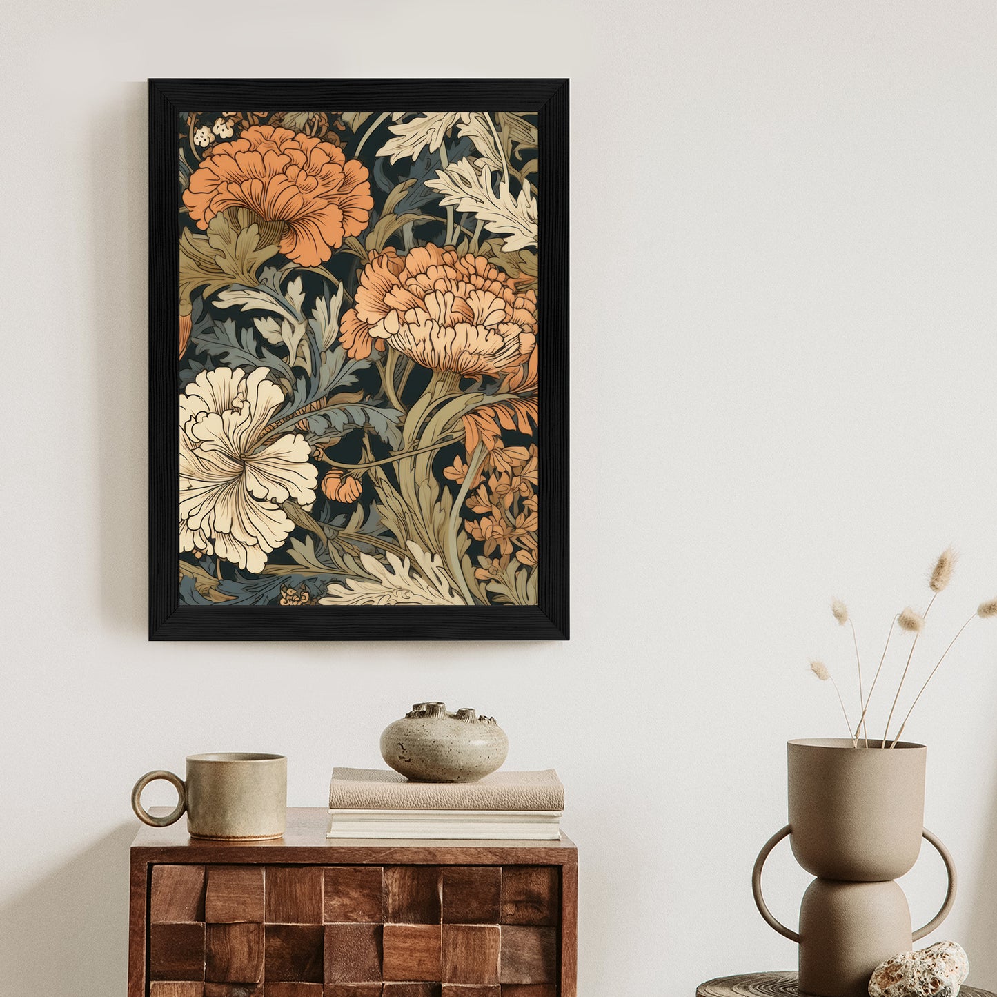 Poster Retro-Vintage-Blumen Und Blätter Rahmen Holz Mit Passepartout Farbe Natürlich