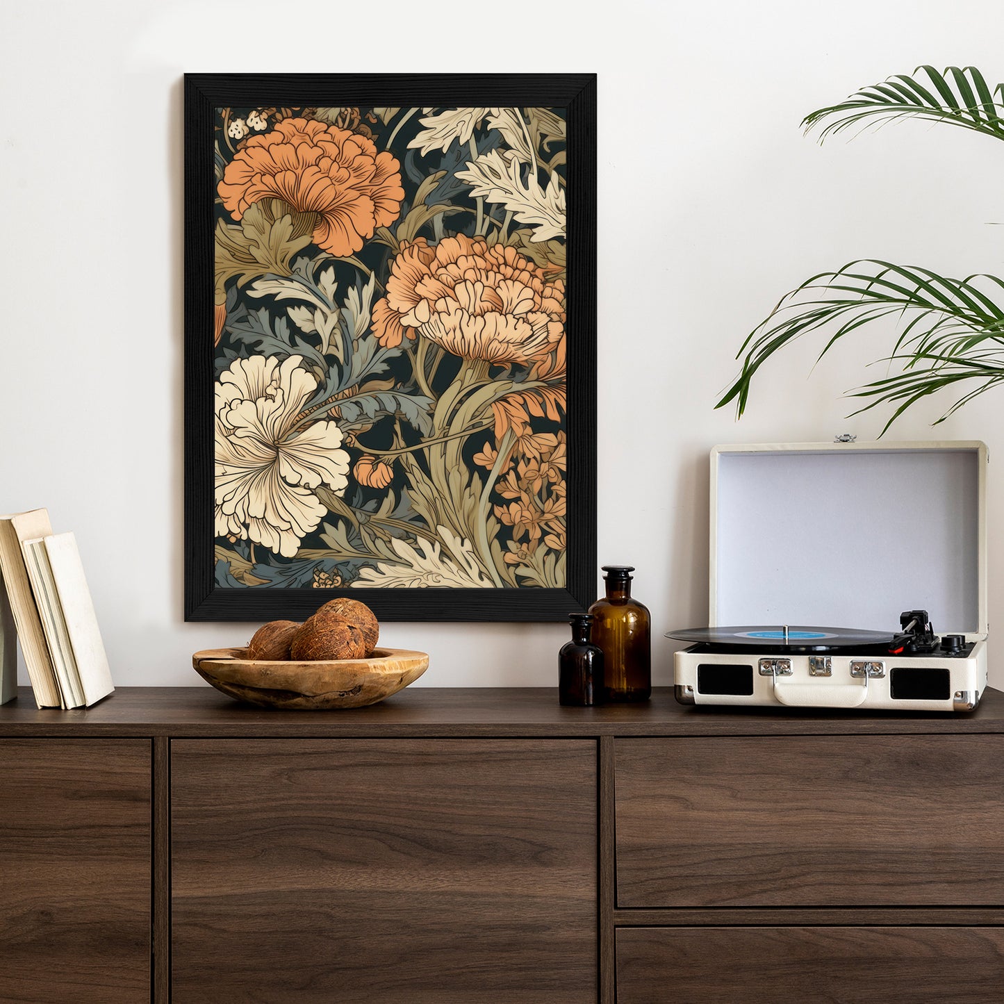 Poster Retro-Vintage-Blumen Und Blätter Rahmen Holz Mit Passepartout Farbe Natürlich