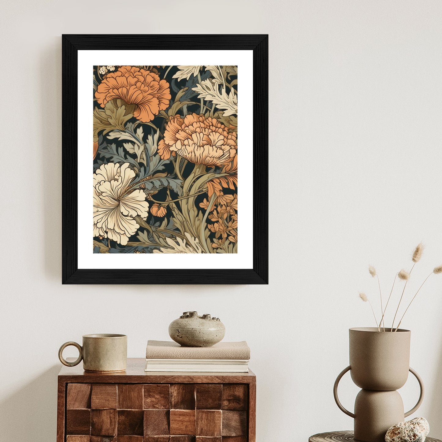 Poster Retro-Vintage-Blumen Und Blätter Rahmen Holz Mit Passepartout Farbe Natürlich