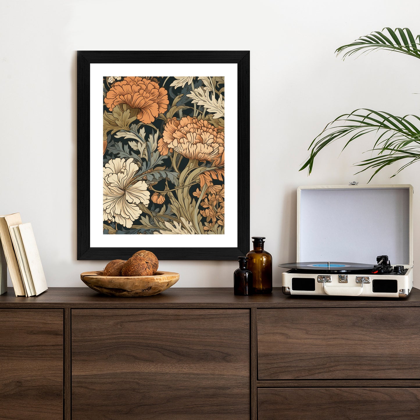 Poster Retro-Vintage-Blumen Und Blätter Rahmen Holz Mit Passepartout Farbe Natürlich