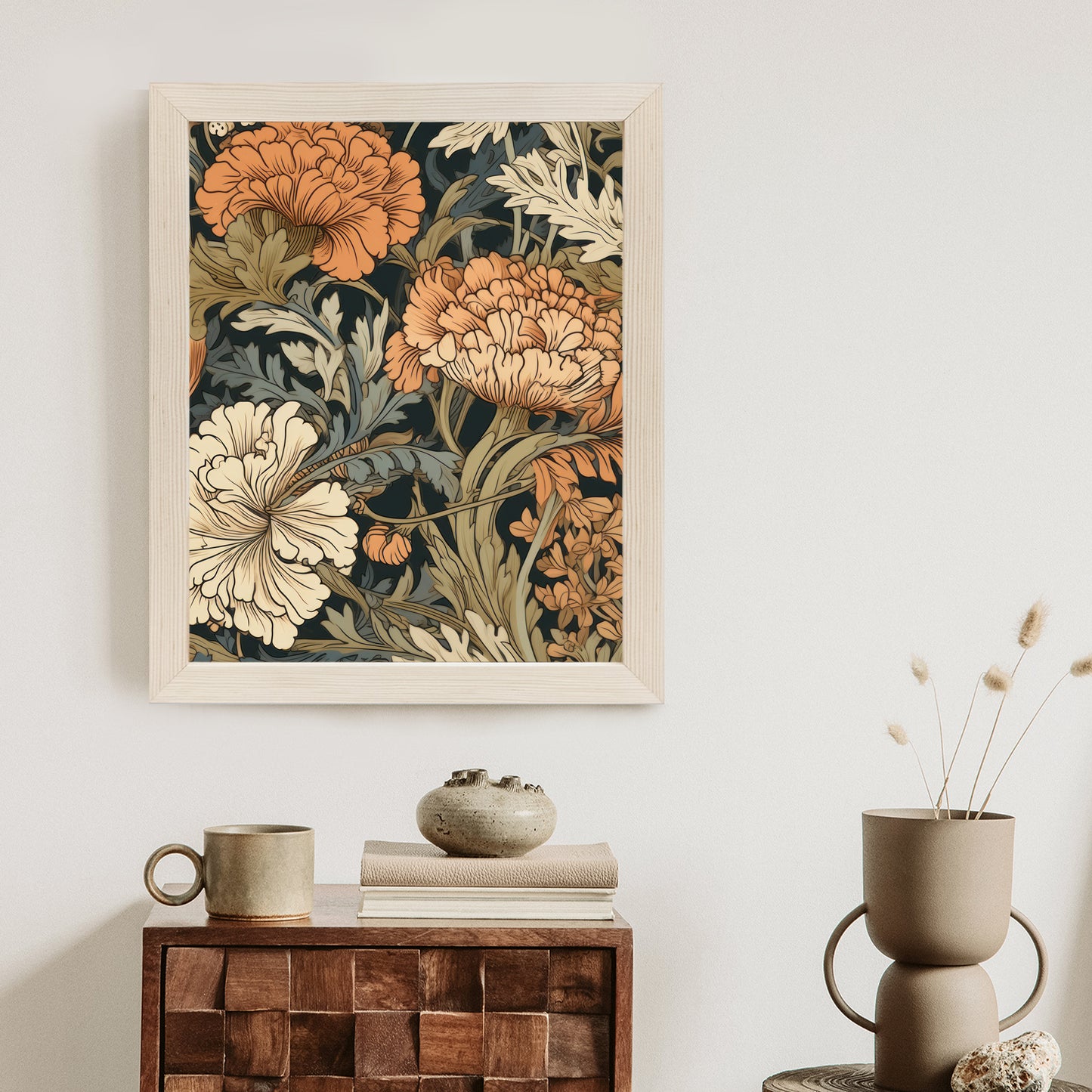 Poster Retro-Vintage-Blumen Und Blätter Rahmen Holz Mit Passepartout Farbe Natürlich