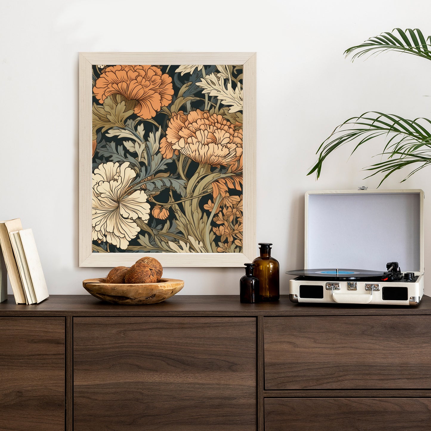 Poster Retro-Vintage-Blumen Und Blätter Rahmen Holz Mit Passepartout Farbe Natürlich