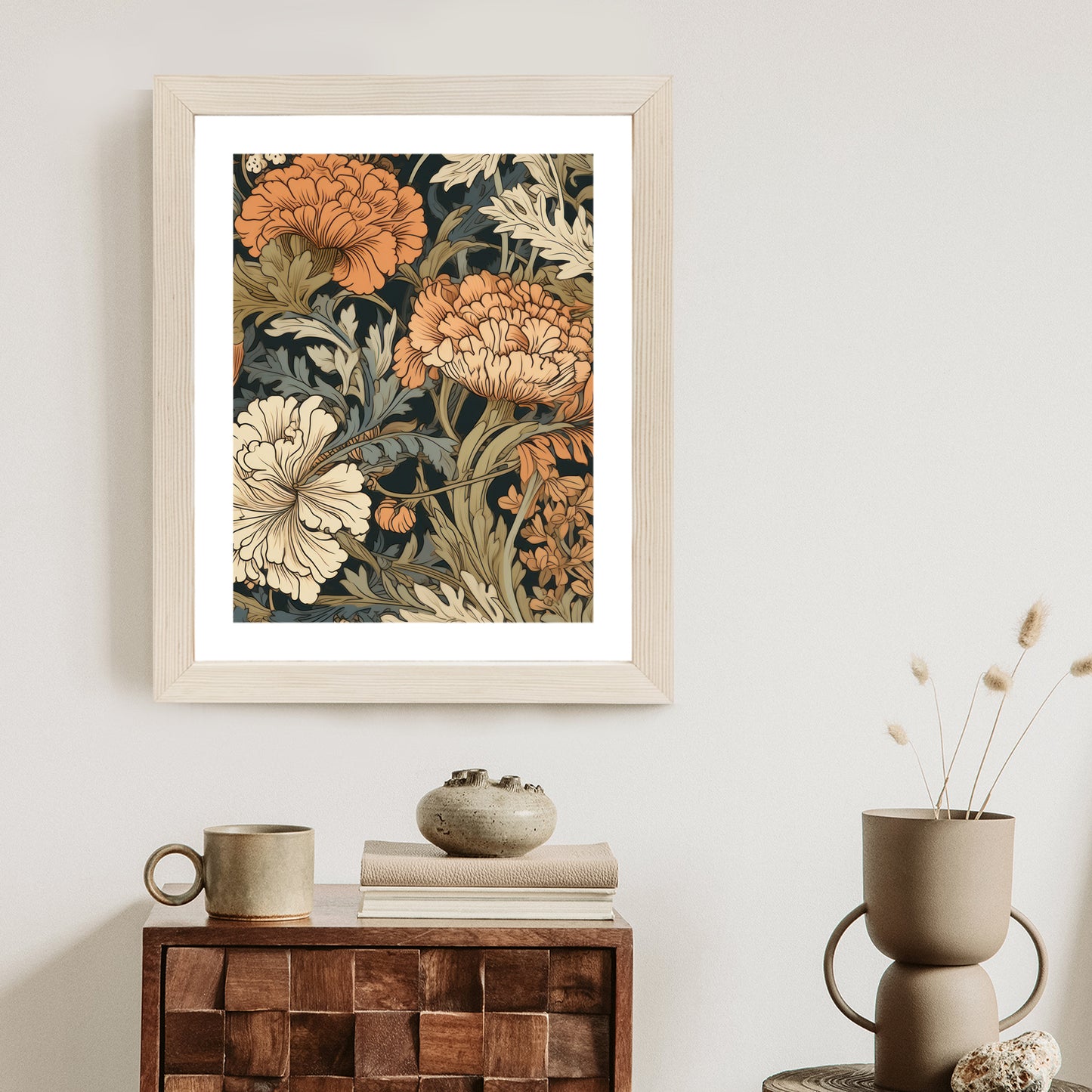 Poster Retro-Vintage-Blumen Und Blätter Rahmen Holz Mit Passepartout Farbe Natürlich