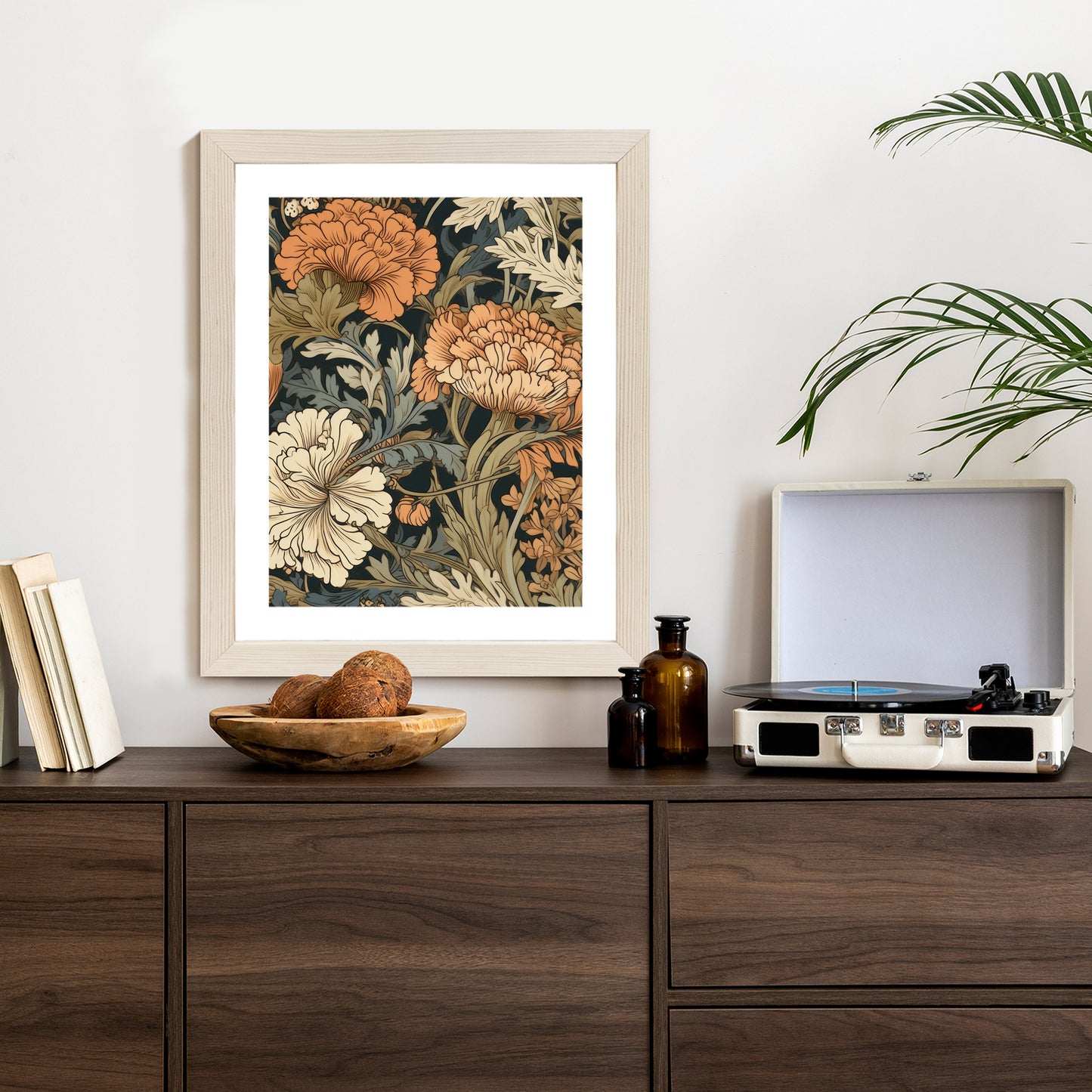 Poster Retro-Vintage-Blumen Und Blätter Rahmen Holz Mit Passepartout Farbe Natürlich