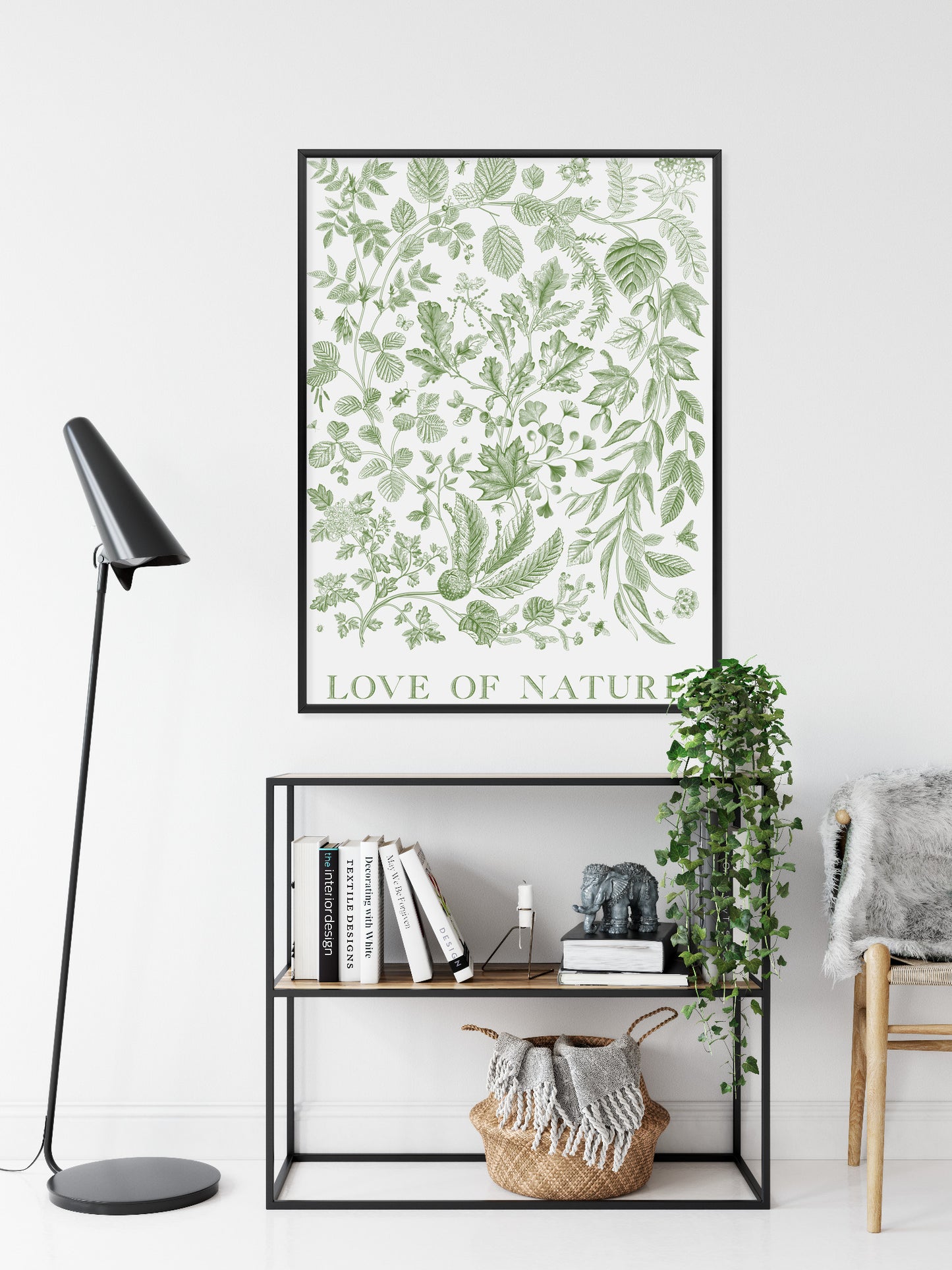 Poster Gezeichnete Naturblätter In Grünen Farben Rahmen Holz Mit Passepartout Farbe Natürlich