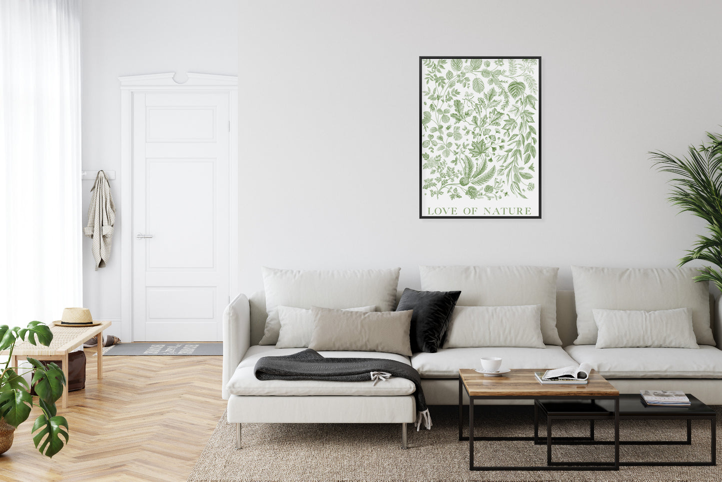 Poster Gezeichnete Naturblätter In Grünen Farben Rahmen Holz Mit Passepartout Farbe Natürlich