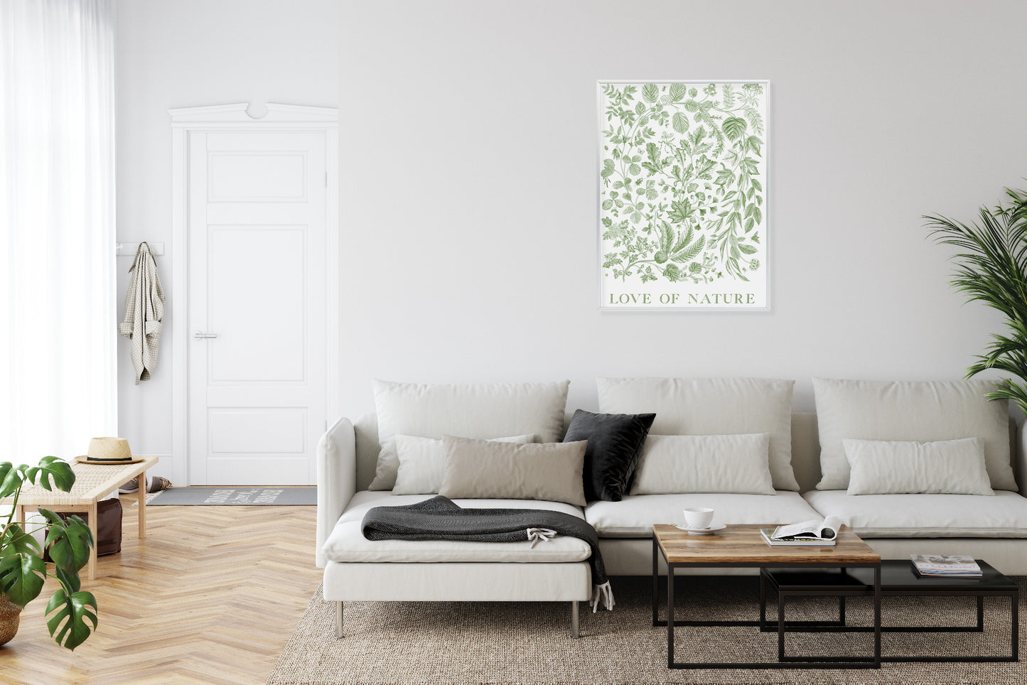 Poster Gezeichnete Naturblätter In Grünen Farben Rahmen Holz Mit Passepartout Farbe Natürlich