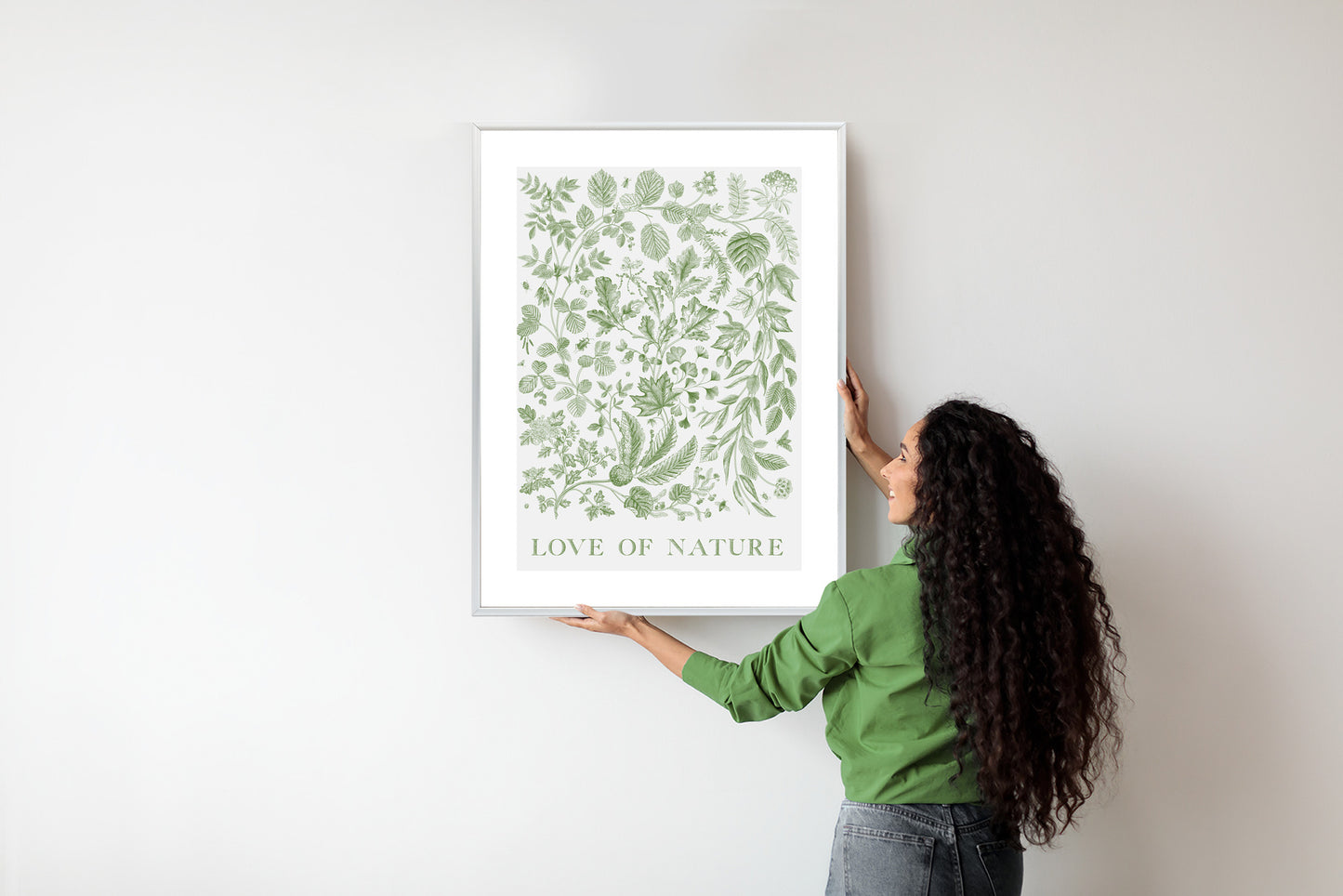 Poster Gezeichnete Naturblätter In Grünen Farben Rahmen Holz Mit Passepartout Farbe Natürlich