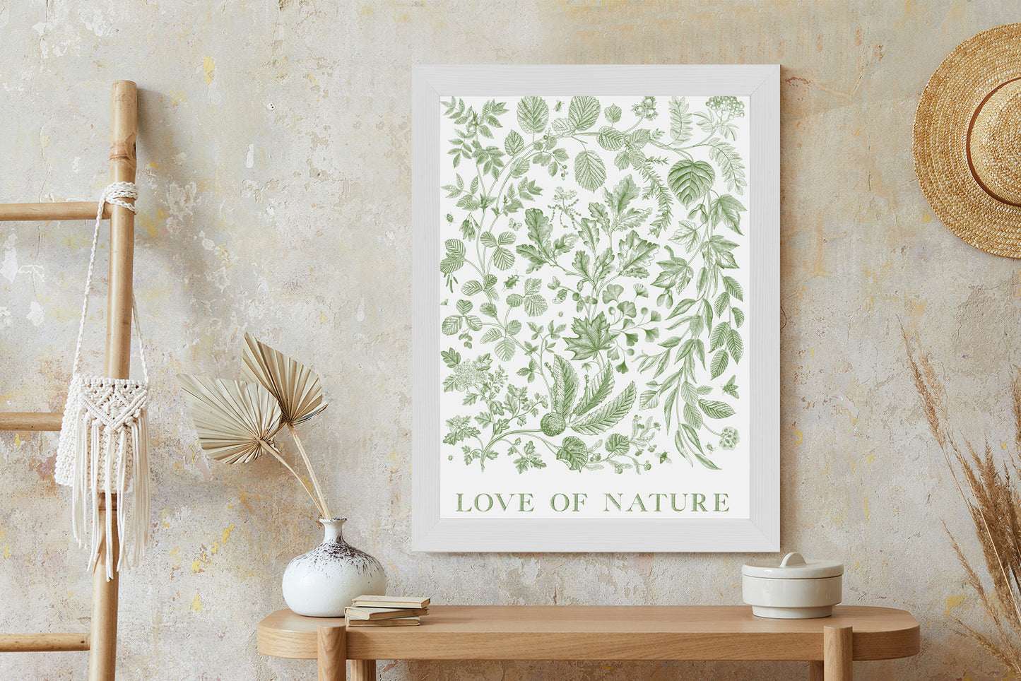 Poster Gezeichnete Naturblätter In Grünen Farben Rahmen Holz Mit Passepartout Farbe Natürlich