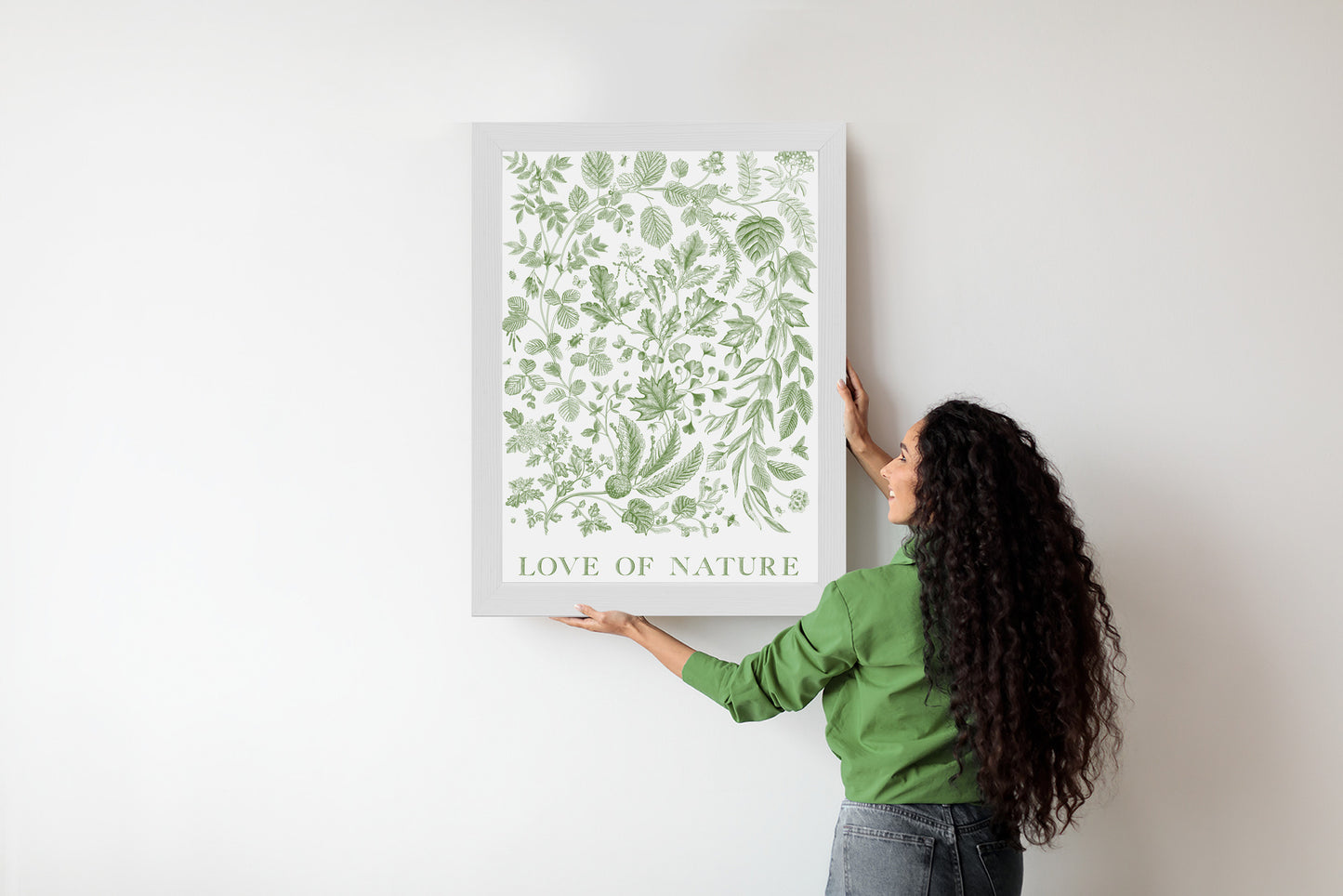 Poster Gezeichnete Naturblätter In Grünen Farben Rahmen Holz Mit Passepartout Farbe Natürlich