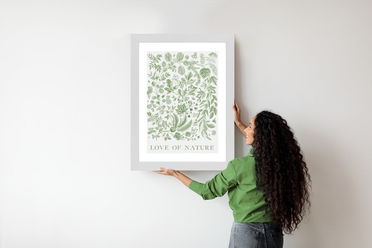 Poster Gezeichnete Naturblätter In Grünen Farben Rahmen Holz Mit Passepartout Farbe Natürlich
