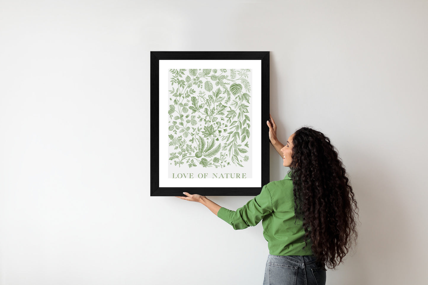 Poster Gezeichnete Naturblätter In Grünen Farben Rahmen Holz Mit Passepartout Farbe Natürlich