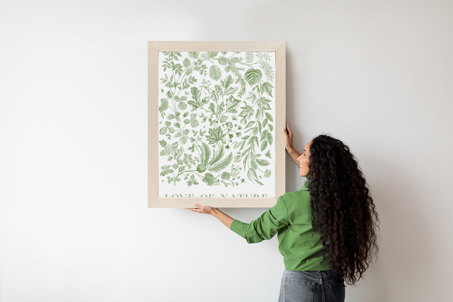 Poster Gezeichnete Naturblätter In Grünen Farben Rahmen Holz Mit Passepartout Farbe Natürlich