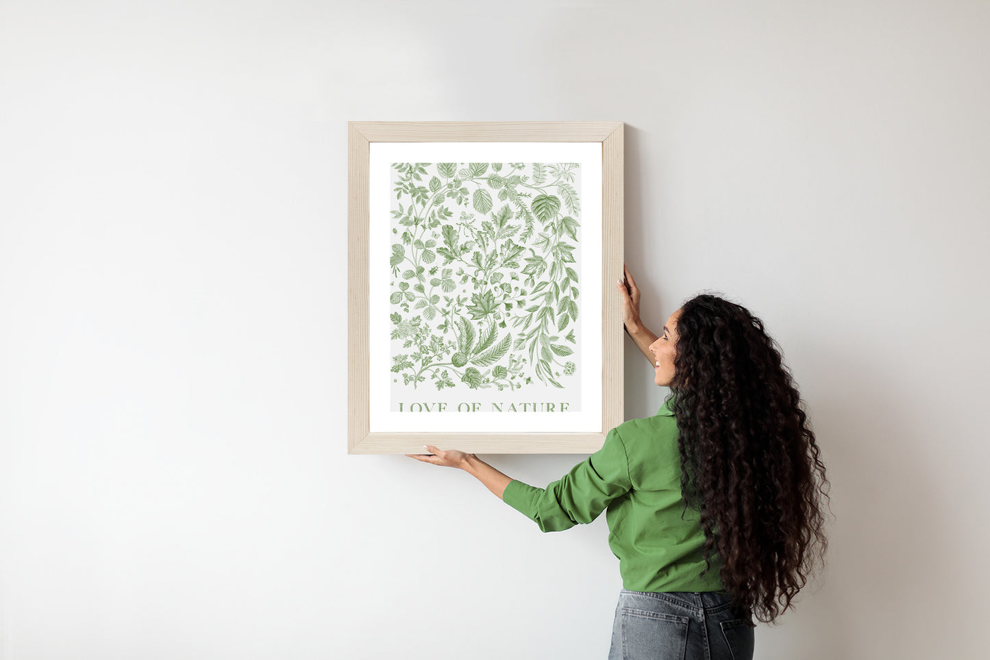 Poster Gezeichnete Naturblätter In Grünen Farben Rahmen Holz Mit Passepartout Farbe Natürlich