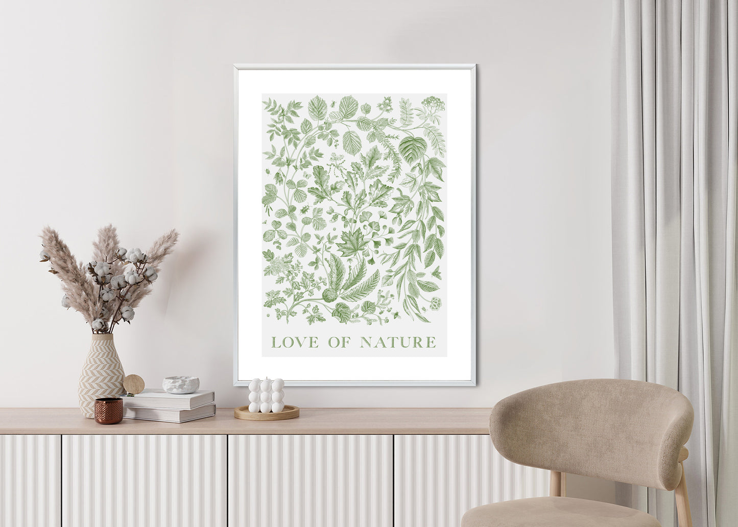 Poster Gezeichnete Naturblätter In Grünen Farben Rahmen Holz Mit Passepartout Farbe Natürlich