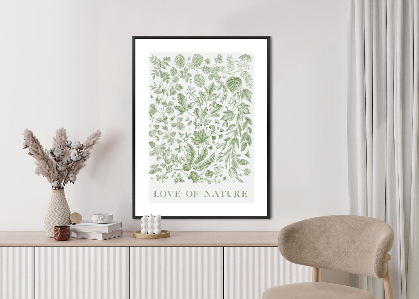 Poster Gezeichnete Naturblätter In Grünen Farben Rahmen Holz Mit Passepartout Farbe Natürlich