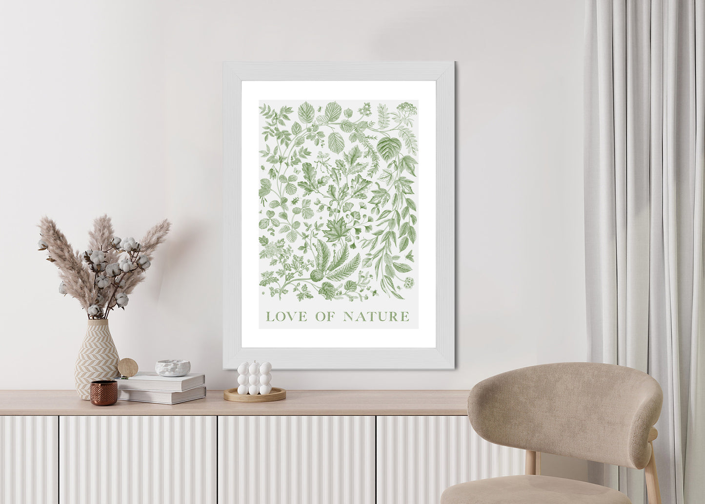 Poster Gezeichnete Naturblätter In Grünen Farben Rahmen Holz Mit Passepartout Farbe Natürlich