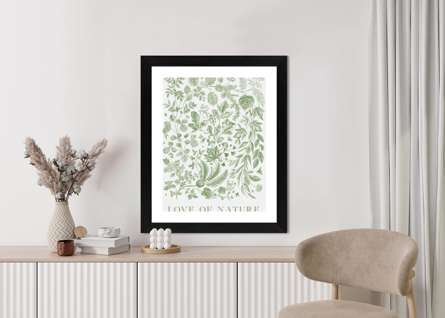 Poster Gezeichnete Naturblätter In Grünen Farben Rahmen Holz Mit Passepartout Farbe Natürlich