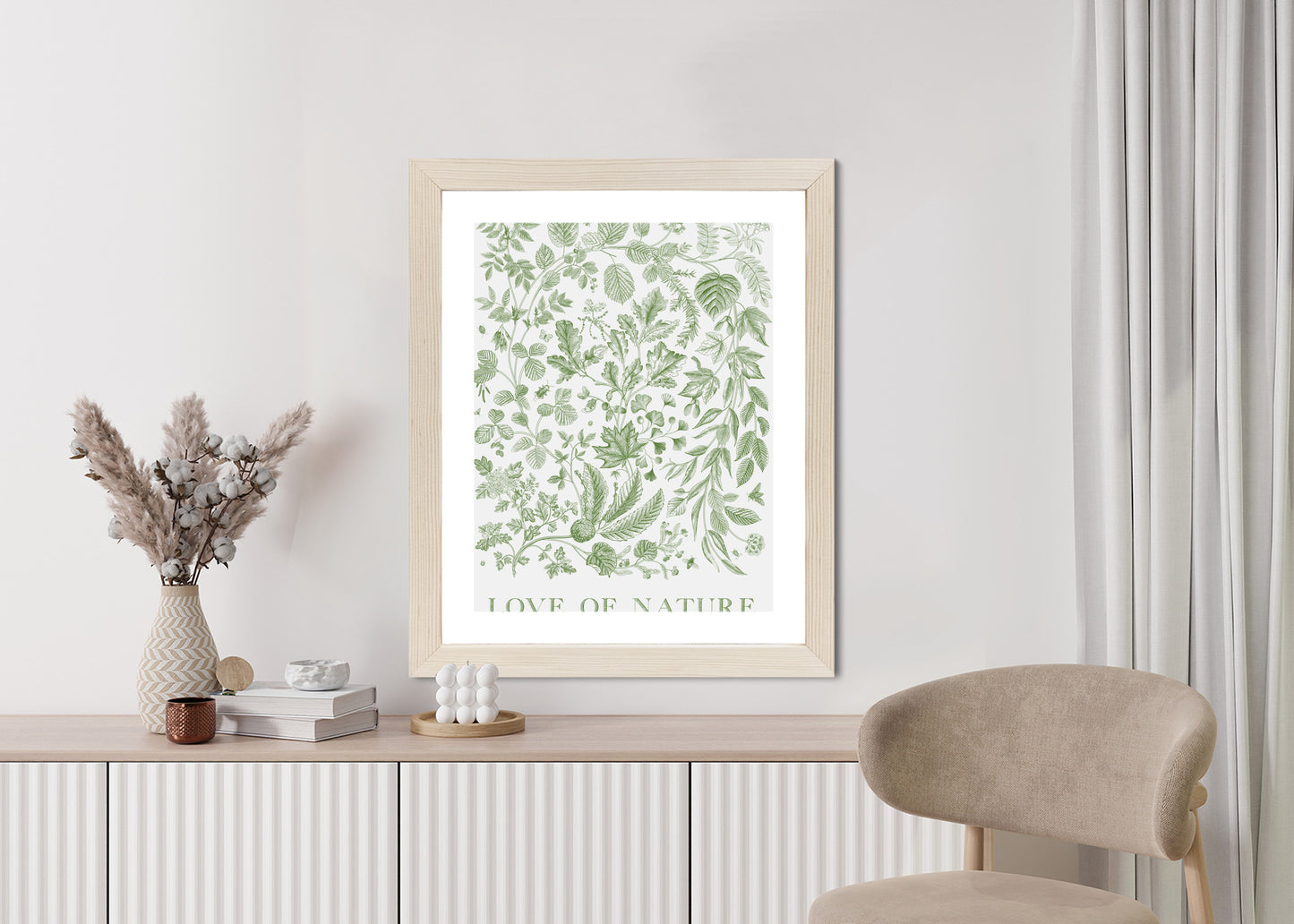 Poster Gezeichnete Naturblätter In Grünen Farben Rahmen Holz Mit Passepartout Farbe Natürlich
