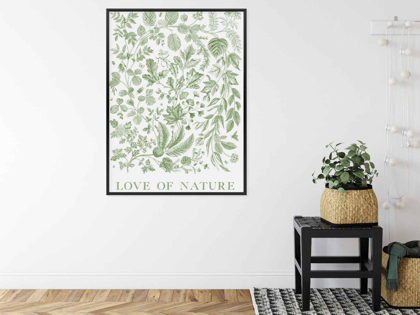 Poster Gezeichnete Naturblätter In Grünen Farben Rahmen Holz Mit Passepartout Farbe Natürlich
