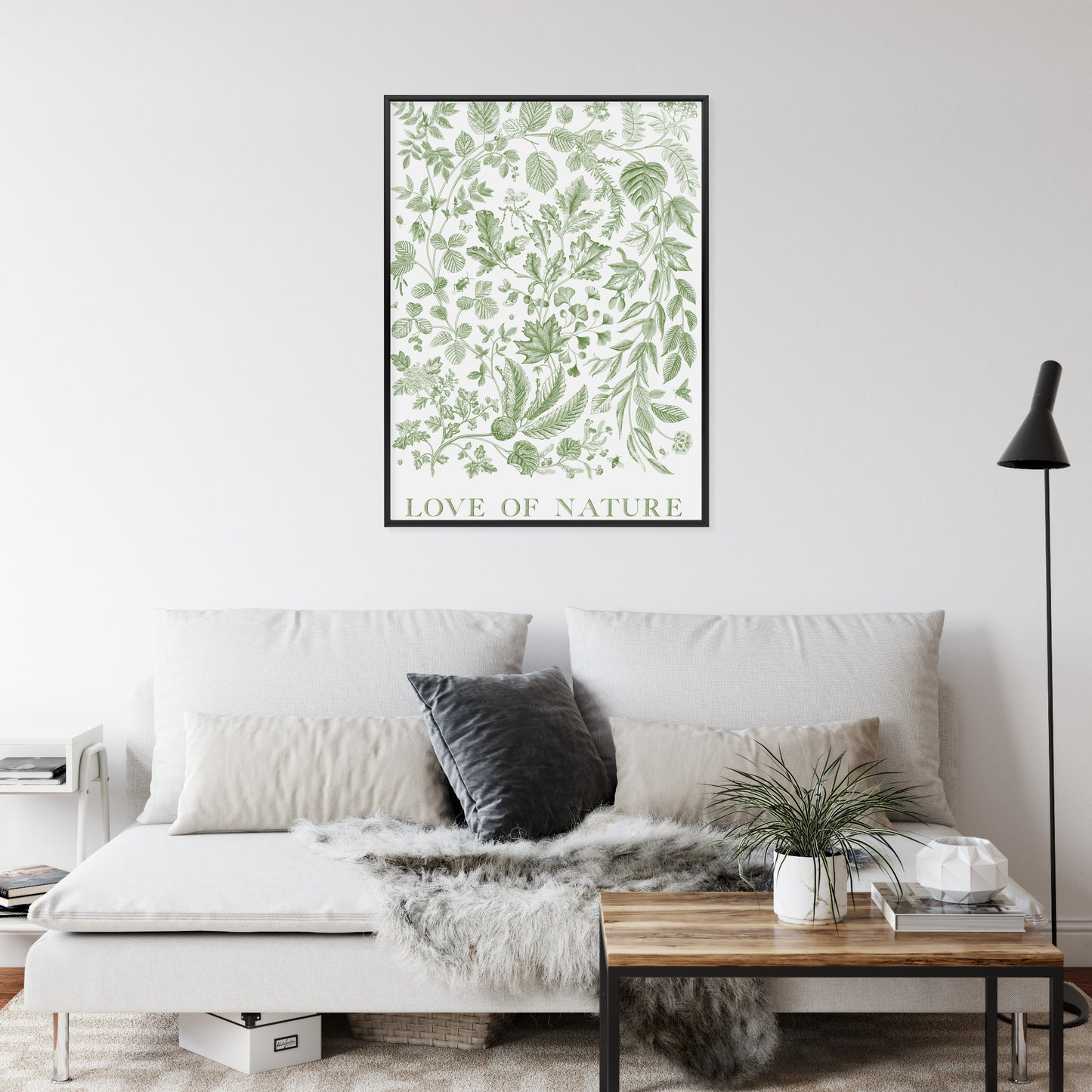 Poster Gezeichnete Naturblätter In Grünen Farben Rahmen Holz Mit Passepartout Farbe Natürlich