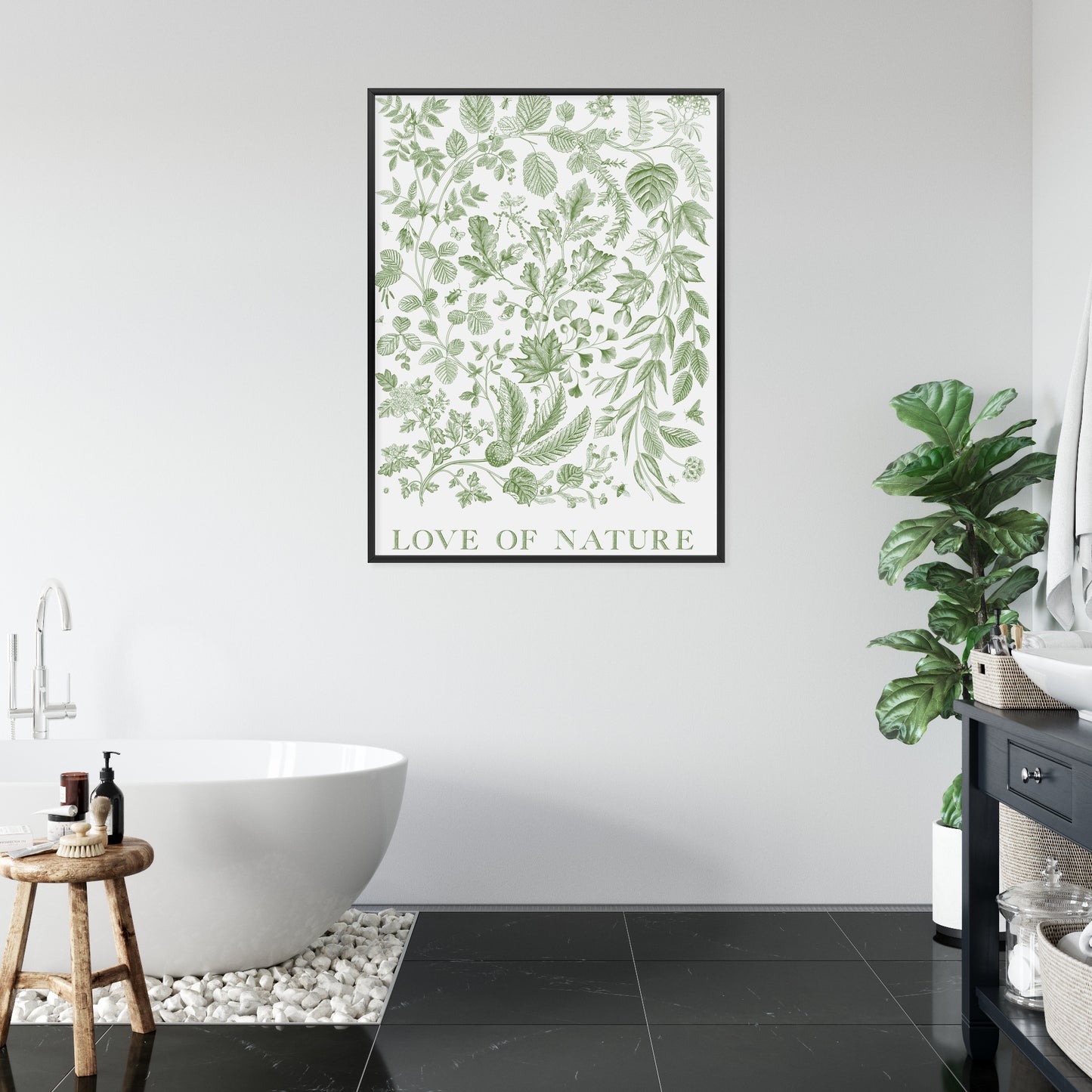 Poster Gezeichnete Naturblätter In Grünen Farben Rahmen Holz Mit Passepartout Farbe Natürlich