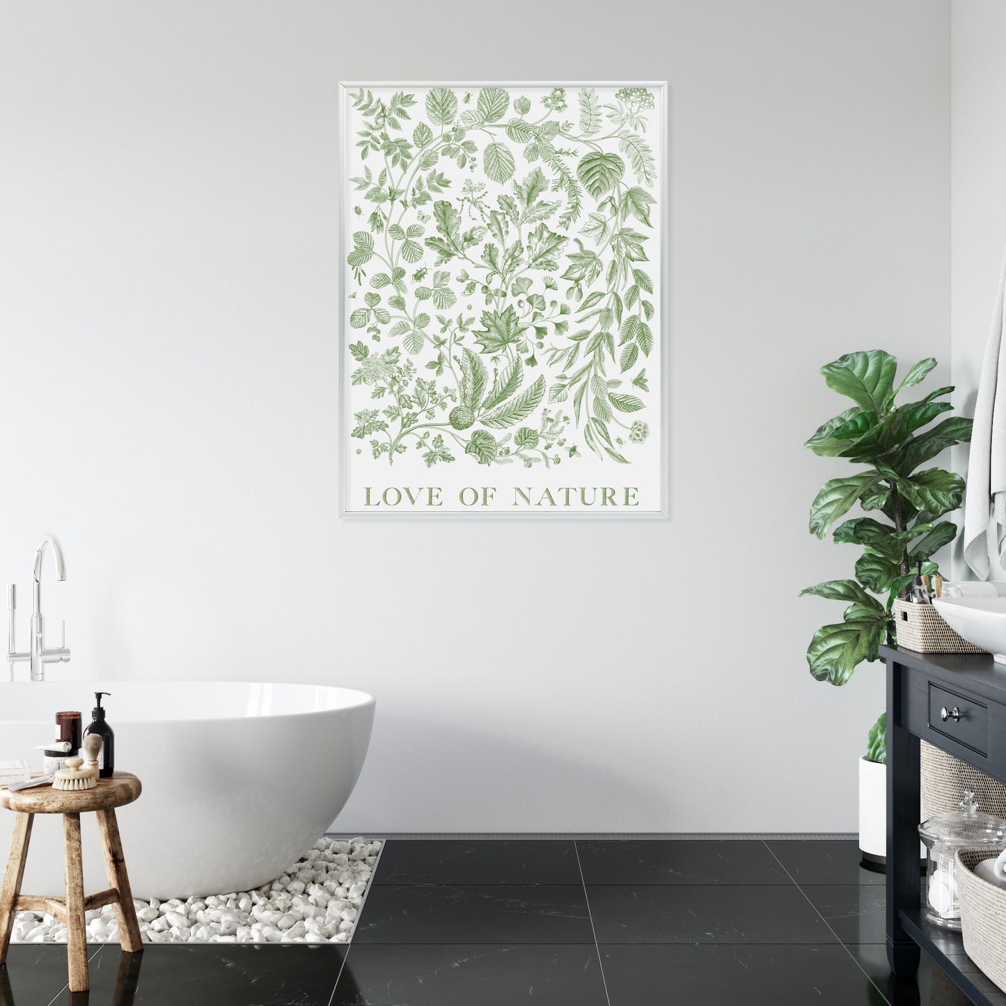 Poster Gezeichnete Naturblätter In Grünen Farben Rahmen Holz Mit Passepartout Farbe Natürlich