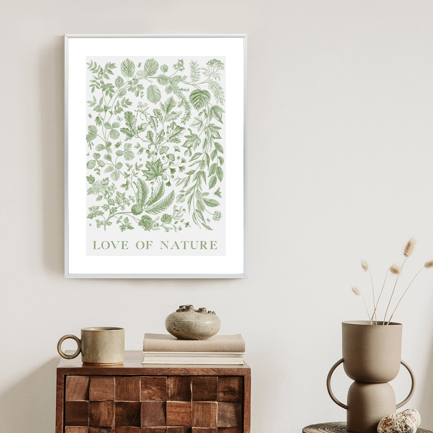 Poster Gezeichnete Naturblätter In Grünen Farben Rahmen Holz Mit Passepartout Farbe Natürlich
