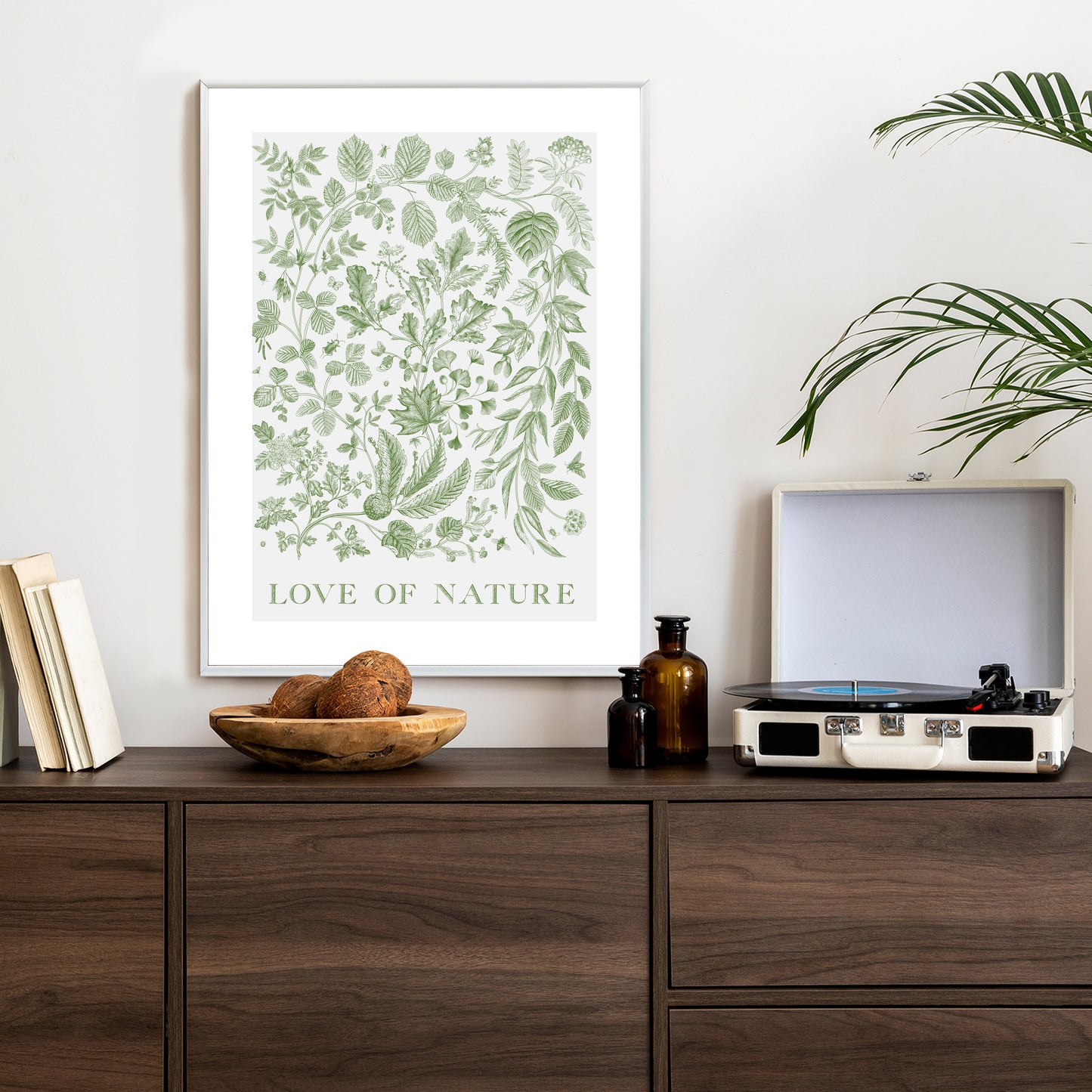 Poster Gezeichnete Naturblätter In Grünen Farben Rahmen Holz Mit Passepartout Farbe Natürlich