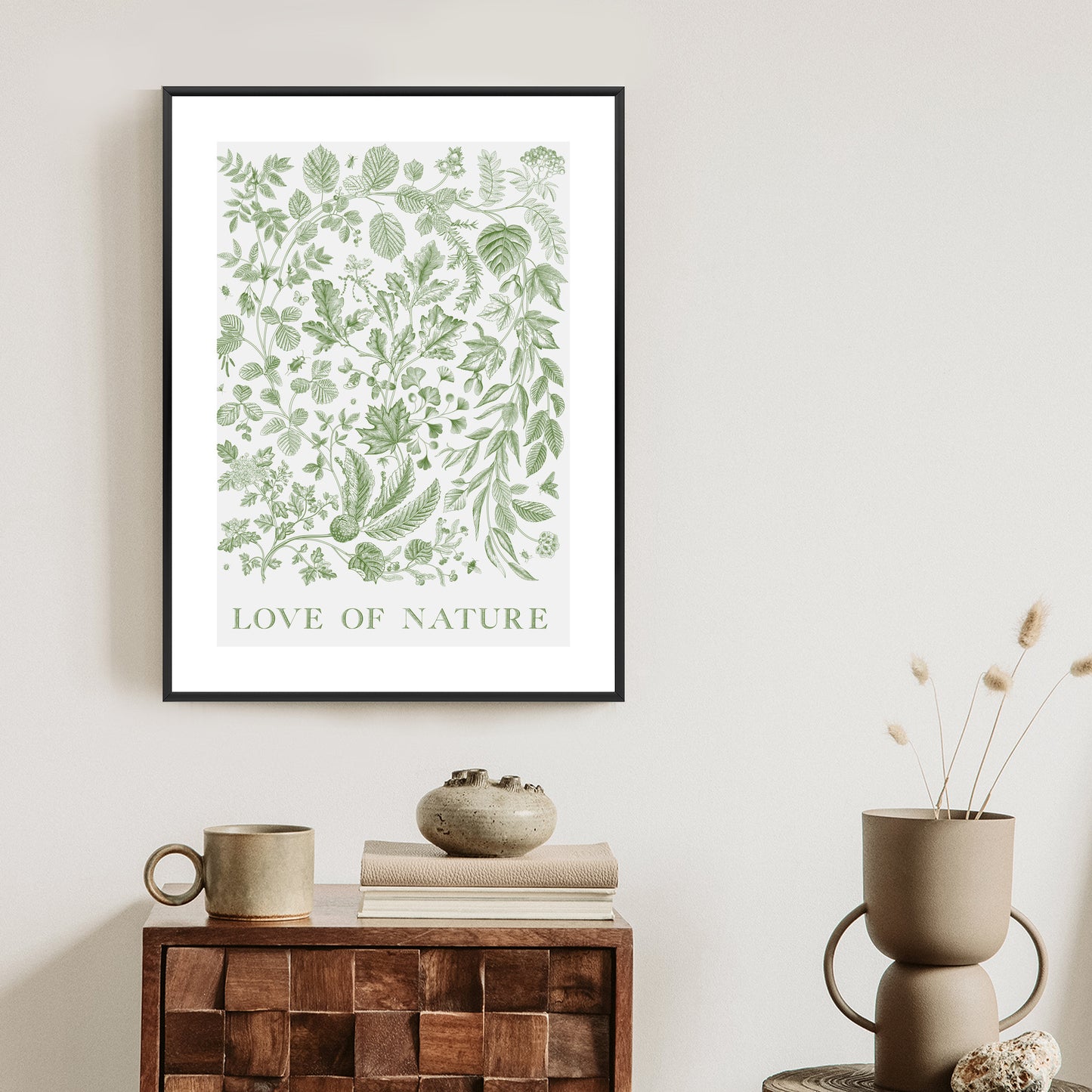 Poster Gezeichnete Naturblätter In Grünen Farben Rahmen Holz Mit Passepartout Farbe Natürlich
