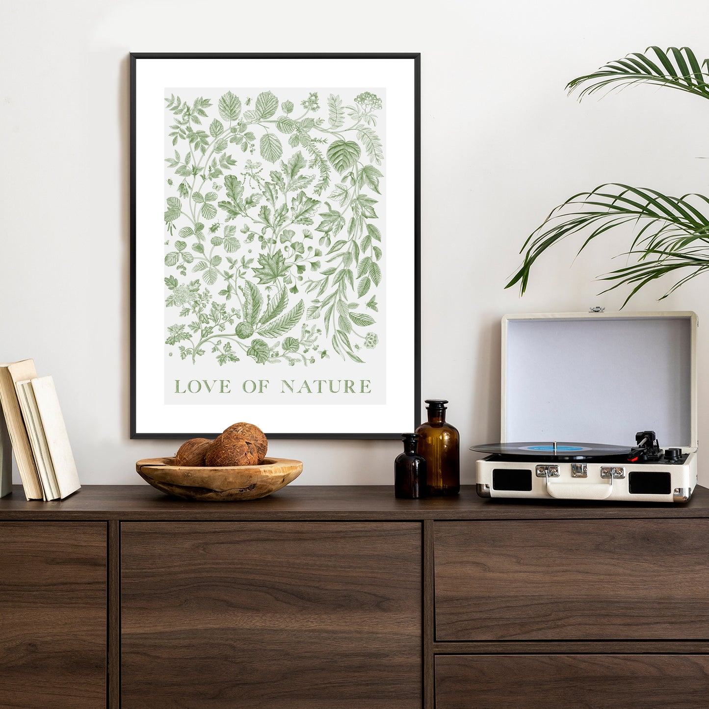 Poster Gezeichnete Naturblätter In Grünen Farben Rahmen Holz Mit Passepartout Farbe Natürlich